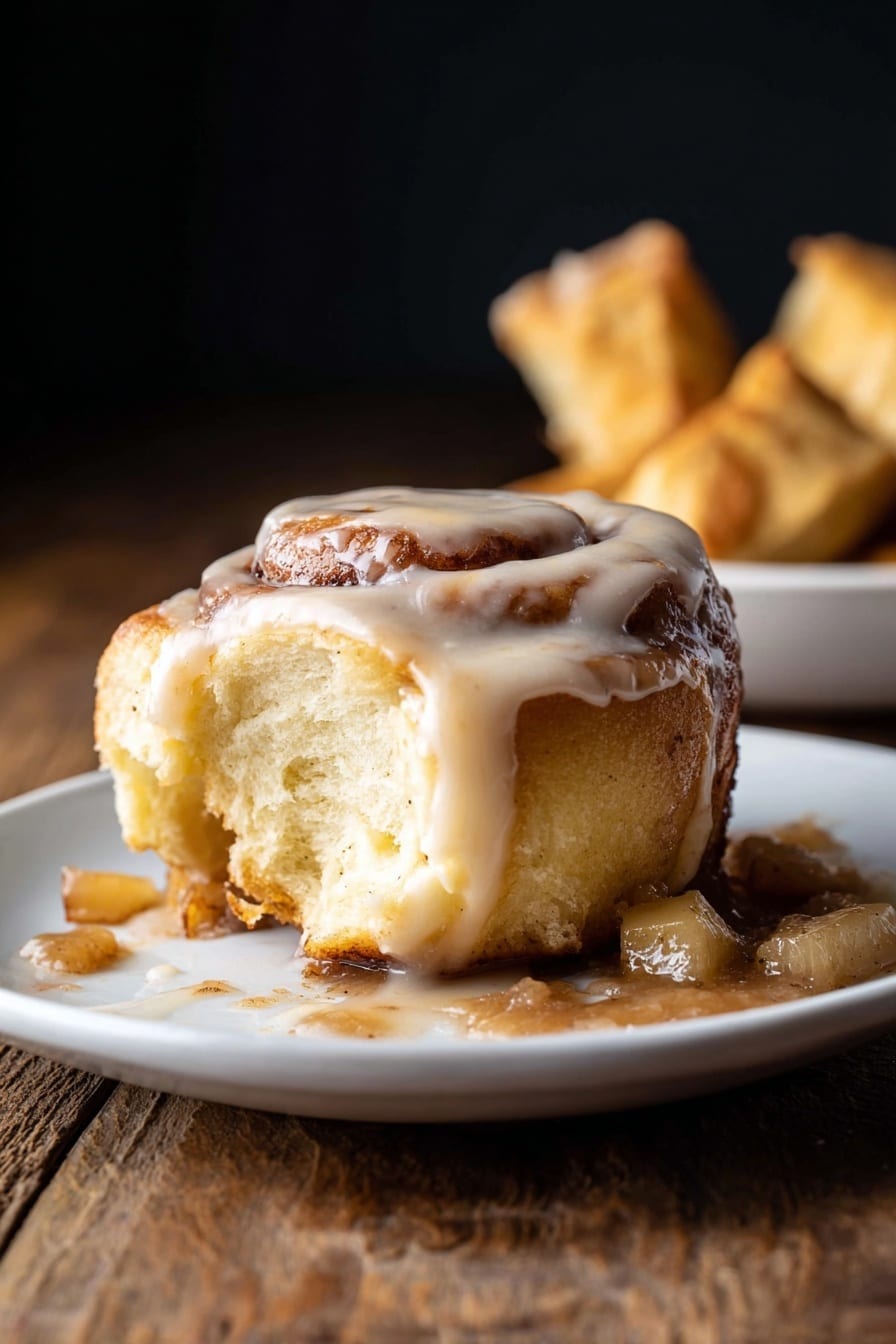 A single cinnamon roll is placed at the center of a white plate on a wooden surface. The cinnamon roll is light golden brown with visible swirls of cinnamon and a thick, creamy beige icing covering the top and slightly dripping down the sides. Around the cinnamon roll, there is a light brown sauce with small pieces of apple-like chunks scattered on the plate. To the left, a portion of the cinnamon roll is torn off, showing its soft, fluffy, and yellowish interior texture. In the background, three pieces of torn pastry or dough stand upright, slightly out of focus. The background is dark, creating a strong contrast with the plate and the cinnamon roll. photo taken with an iphone --ar 2:3 --v 7 - Apple Cinnamon Rolls with Brown Butter Maple Icing, cinnamon rolls with apple and brown butter, homemade apple cinnamon rolls, easy apple cinnamon roll recipe, cozy breakfast cinnamon rolls