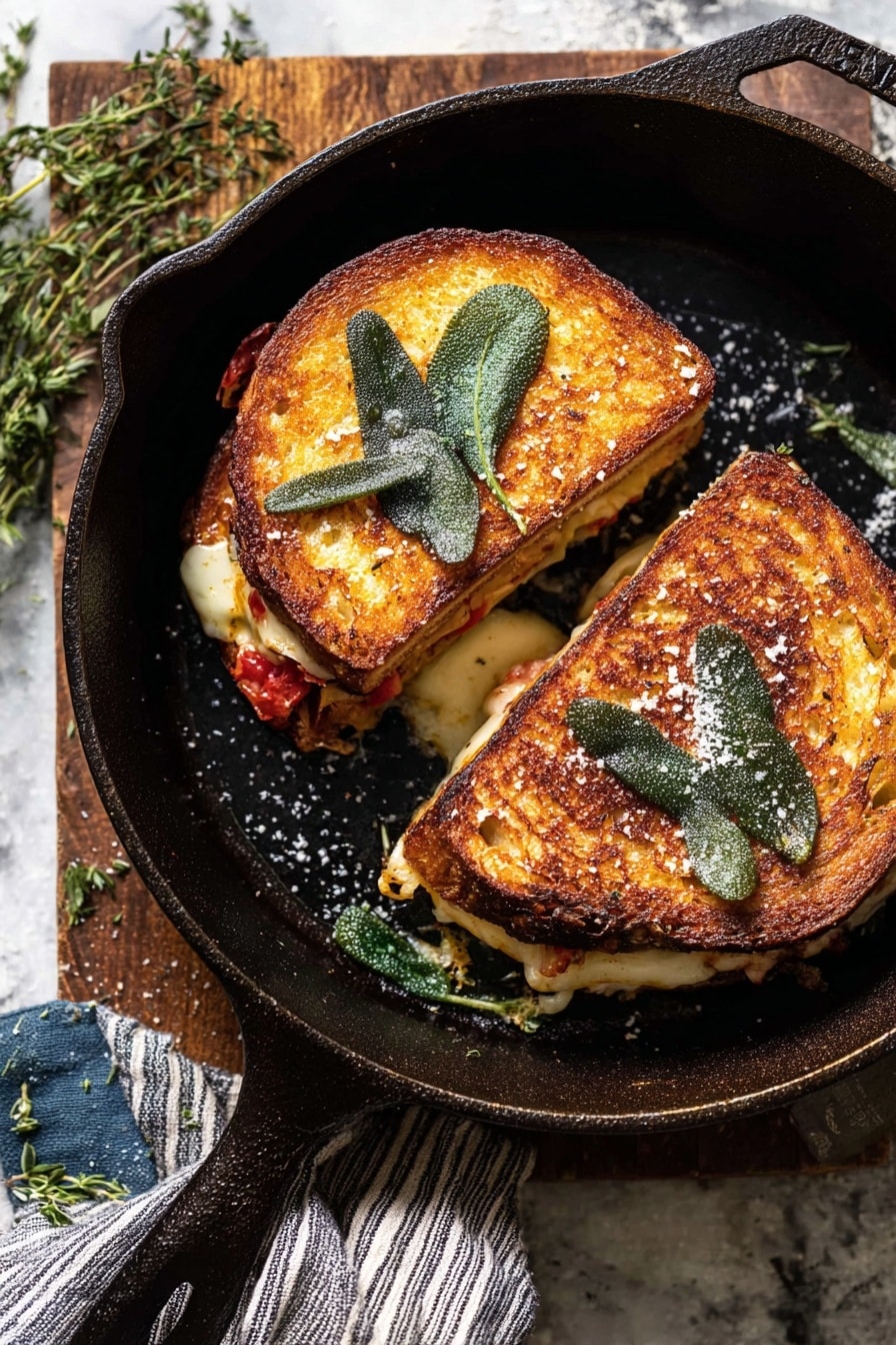 Two grilled sandwiches with golden brown crusts sit in a black cast iron pan, each topped with crispy green sage leaves and sprinkled with coarse salt. The sandwiches show a glimpse of melted cheese and slices of red tomato peeking from inside. The pan is placed on a rough wooden board, with fresh herbs scattered around and a striped cloth napkin at the edge. The background is changed to a white marbled texture. photo taken with an iphone --ar 2:3 --v 7 - French Onion and Apple Grilled Cheese with Prosciutto and Crispy Sage, gourmet grilled cheese recipe, caramelized onion and apple sandwich, fancy grilled cheese ideas, savory prosciutto cheese sandwich