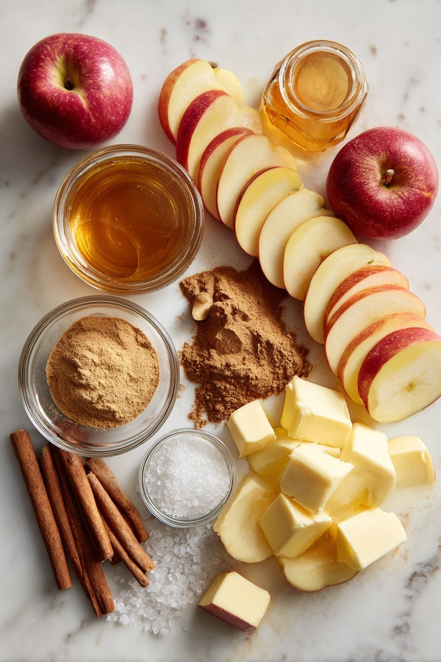 Flat lay of thinly sliced Honeycrisp apples with their red and yellow skin, a small jar of golden apple butter, a pile of ground cinnamon powder, whole sticks of cinnamon, a mound of granulated sugar, a drizzle of warm amber maple syrup, a few cubes of cold salted butter, and a small glass of rich apple cider, all beautifully arranged with soft natural light, placed on a white marble surface, photo taken with an iphone --ar 2:3 --v 7 - Easy Cinnamon Sugar Apple Cake, cinnamon apple cake, fall apple cake, simple apple dessert, cozy apple cake