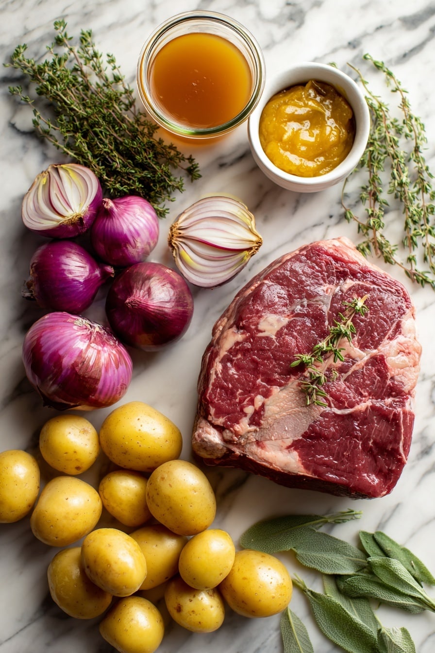 Flat lay of a thick beef chuck roast, golden small potatoes, fresh sage leaves, bright yellow onions thinly sliced, halved shallots with their soft purple tones, a small bowl of apple butter, sprigs of fresh thyme, and a glass of amber apple cider, all beautifully arranged and vibrant, placed on a white marble surface, photo taken with an iphone --ar 2:3 --v 7 - Cider Braised Pot Roast with Crispy Sage Potatoes, hearty beef roast with apple cider, crispy sage potatoes, slow cooker pot roast recipes, comforting fall dinners