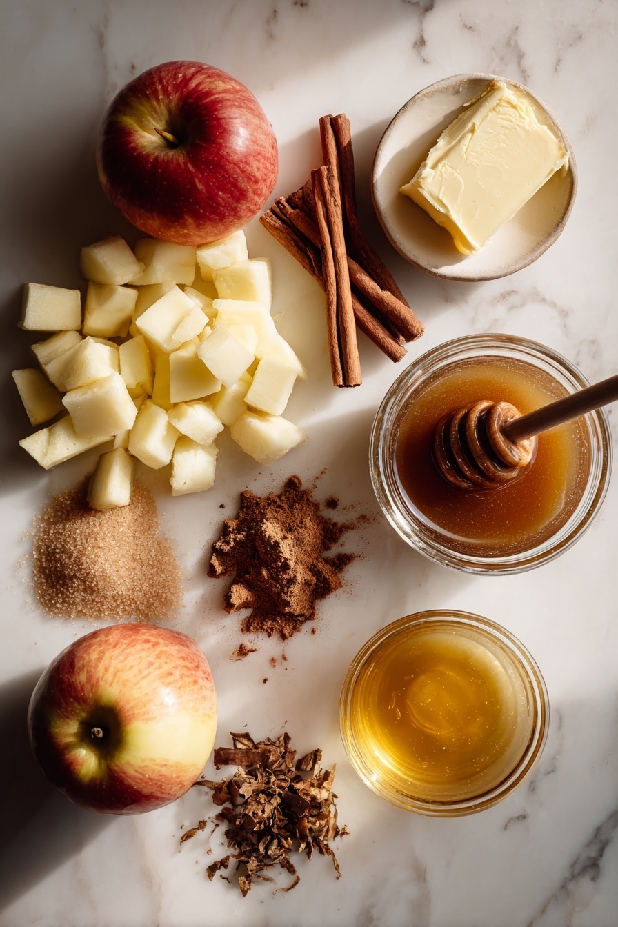 Flat lay of a Honeycrisp apple chopped into small pieces, a small pile of dark brown sugar, a few sticks of cinnamon, ground nutmeg and ground ginger scattered delicately, a pat of salted butter partially melted, a small jar of smooth apple butter with a wooden dipper beside it, and a small glass bowl of golden apple cider reduction, all beautifully arranged with warm lighting and natural shadows placed on a white marble surface, photo taken with an iphone --ar 2:3 --v 7 - Baked Cinnamon Crunch Apple Cider Doughnuts, autumn apple cider donuts, baked fall doughnuts, cinnamon sugar baked doughnuts, no-fry apple cider treats