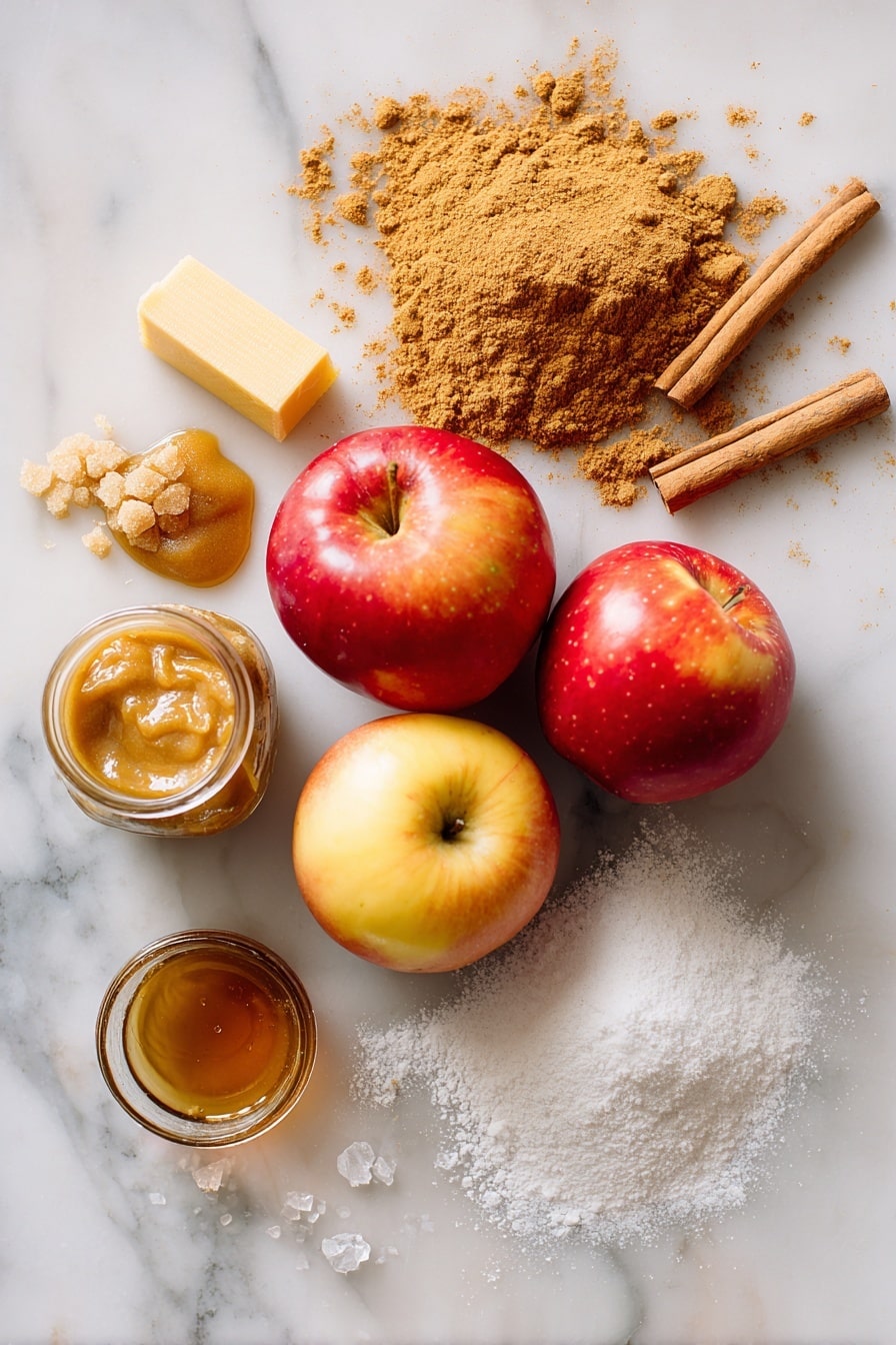 Flat lay of two bright Honeycrisp apples, a small mound of golden brown sugar, a stick of melted salted butter glistening, a dollop of creamy apple butter, a small jar of vanilla extract with a tiny spill, a heap of warm cinnamon powder, smooth white powdered sugar scattered lightly, and a few flakes of coarse sea salt crystals, all beautifully arranged on a white marble surface, photo taken with an iphone --ar 2:3 --v 7 - Glazed Honeycrisp Apple Fritter Cake, apple fritter dessert, fall apple cake, easy apple cake recipe, Honeycrisp apple recipes