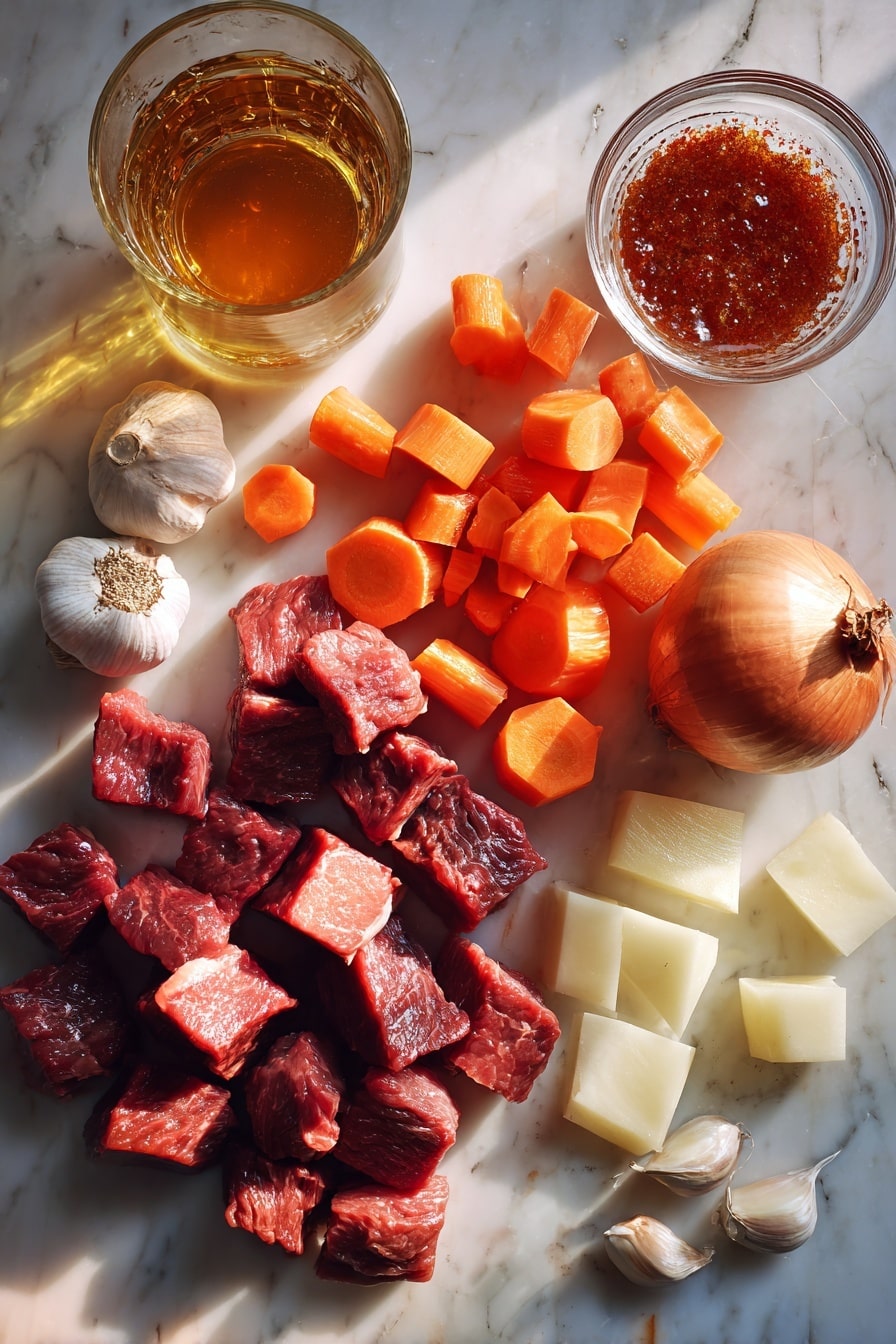 Flat lay of succulent raw beef cubes, vibrant peeled and chopped carrots, rustic swede chunks, a whole golden brown onion, several peeled garlic cloves, a small pile of deep red tomato puree, a few beef stock cubes, and a glass of amber beer, all beautifully arranged with natural lighting, placed on a white marble surface, photo taken with an iphone --ar 2:3 --v 7 - Slow Cooker Beef Stew with Rich Gravy, hearty beef stew, easy slow cooker beef recipe, comfort food stew, flavorful beef stew recipe
