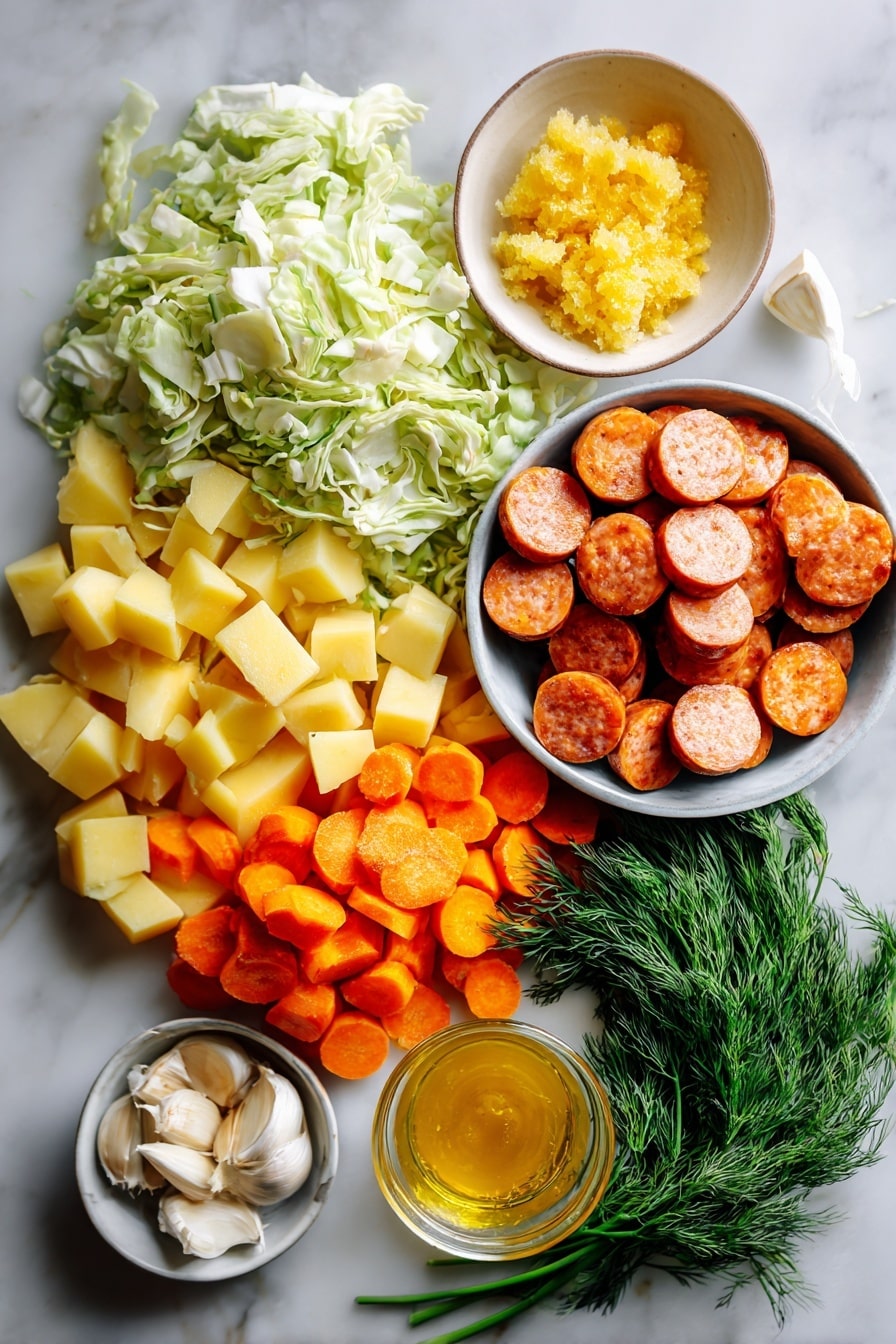 Flat lay of sliced kielbasa sausage rounds, bright orange carrot slices, cubed Yukon Gold potatoes, shredded green cabbage, diced yellow onion, minced garlic cloves, fresh dill sprigs, and a small pat of golden ghee beautifully arranged on a white marble surface, photo taken with an iphone --ar 2:3 --v 7 - Kielbasa and Cabbage Soup, hearty kielbasa soup, easy cabbage soup recipe, comfort food soup, simple sausage and cabbage stew