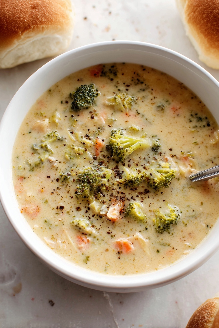A white bowl filled with creamy soup, showing small green broccoli pieces, orange carrot bits, and tiny shreds of light-colored meat mixed in a thick light beige broth, all topped with a sprinkle of black pepper. The bowl sits on a white marbled surface with two soft bread rolls nearby, one partially visible at the top right and another near the bottom right edge. The texture of the soup looks smooth yet chunky with visible small vegetable and meat pieces. Photo taken with an iphone --ar 2:3 --v 7 - Creamy Chicken and Broccoli Soup, easy chicken broccoli soup, comforting soup recipes, hearty chicken broccoli dish, healthy creamy soup