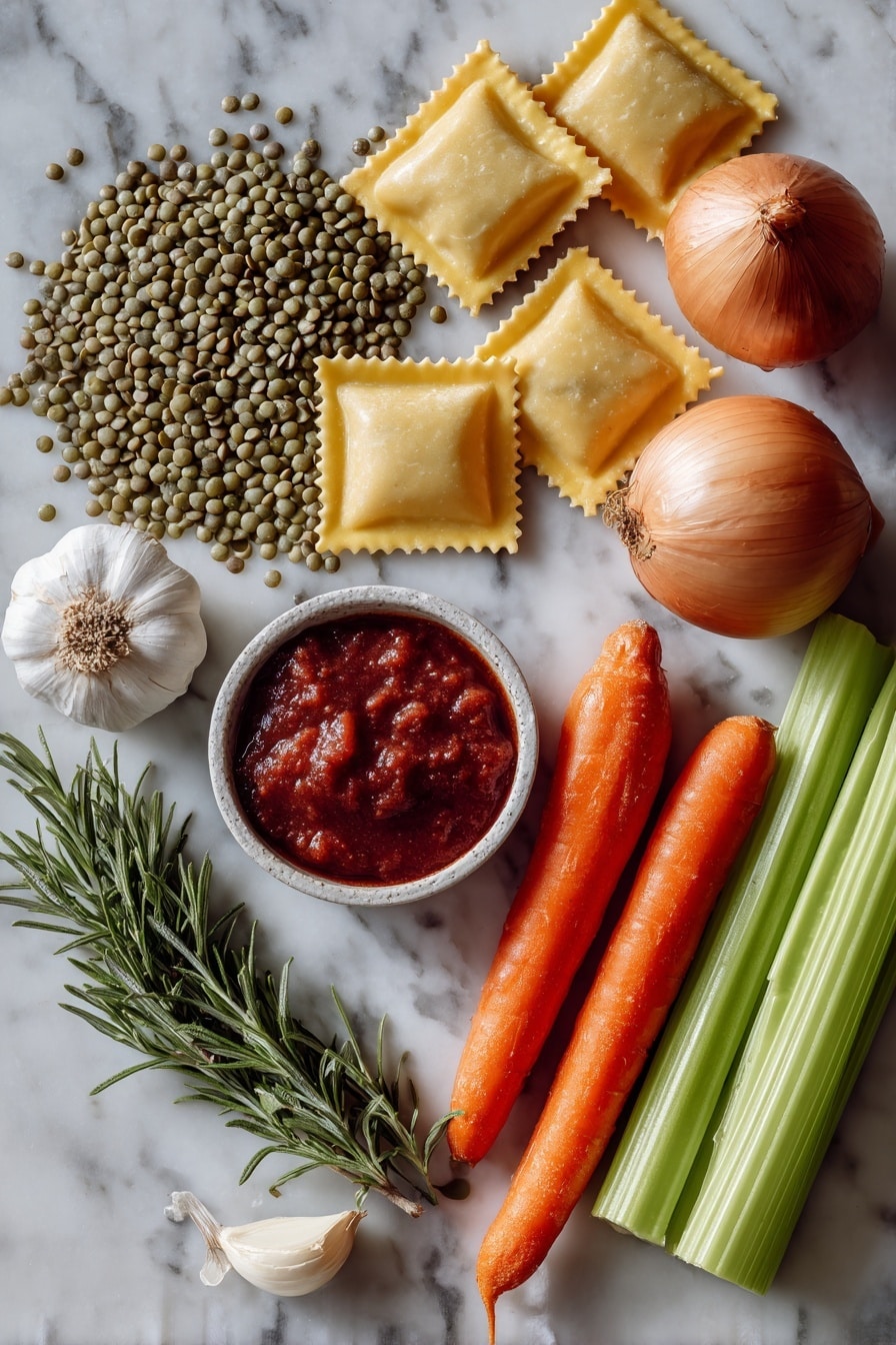 Flat lay of small green Umbrian lentils, uncooked sagnarelli pasta, a whole peeled onion, two bright orange carrots, two crisp celery stalks, two garlic cloves, fresh green rosemary sprig, and a small dish of deep red tomato concentrate, all beautifully arranged on a white marble surface, photo taken with an iphone --ar 2:3 --v 7 - Umbrian Lentil Soup with Pasta, Italian Lentil Soup, hearty Italian soup, rustic lentil and pasta dish, traditional Umbria recipes