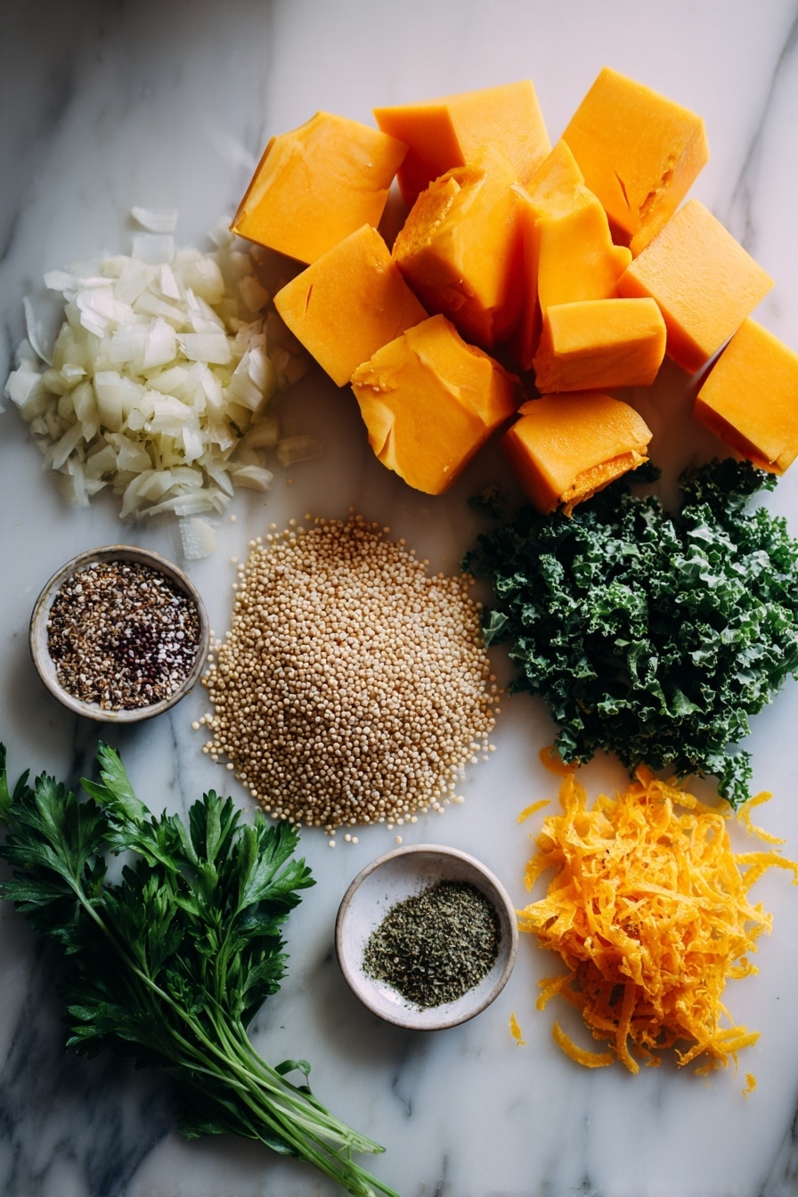 Flat lay of vibrant cubed butternut squash, tender shredded rotisserie chicken, finely chopped yellow onion, minced garlic cloves, a scattering of uncooked quinoa grains, bright green chopped kale leaves, fresh flat-leaf parsley sprigs, small piles of dried oregano and ground cumin, and a few thin strips of orange zest, all beautifully arranged with natural light highlighting their textures and colors, placed on a white marble surface, photo taken with an iphone --ar 2:3 --v 7 - Fall Chicken Stew with Quinoa and Butternut Squash, hearty autumn chicken stew, healthy chicken and squash soup, wholesome fall quinoa stew, cozy chicken and vegetable soup
