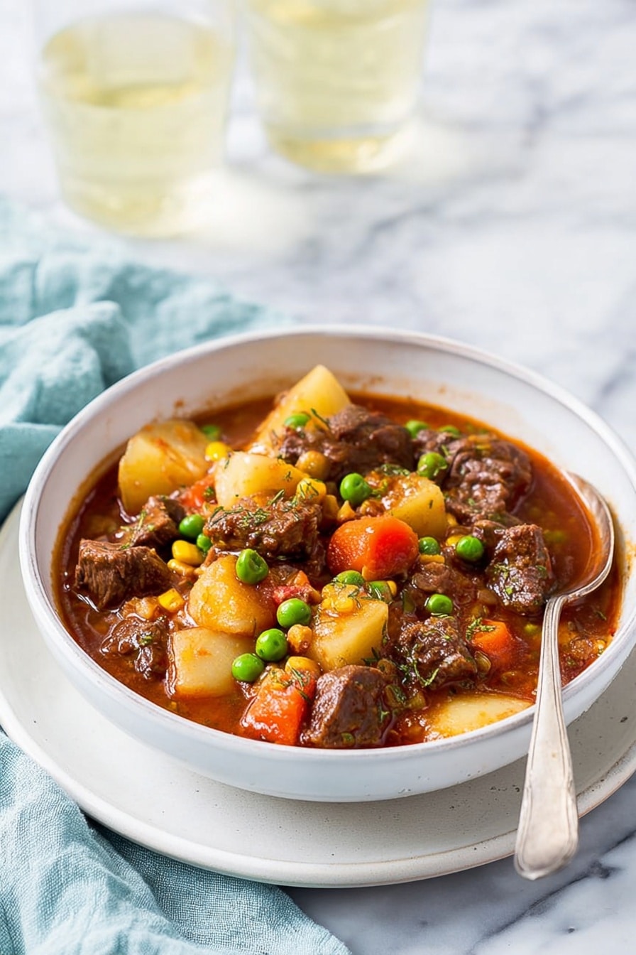 A white bowl filled with thick beef stew sits on a white marbled surface, with a white plate underneath. The stew has three main layers: the top layer is bright green peas scattered unevenly, followed by small, orange carrot cubes and corn kernels adding patches of yellow. The bottom layers include large brown beef chunks and pale cream potato pieces, all soaked in rich dark brown-red sauce. A silver spoon rests partially dipped in the stew on the right side of the bowl. In the blurred background, two clear glasses filled with a light yellow drink and a soft blue cloth are visible. Photo taken with an iphone --ar 2:3 --v 7 - Pressure Cooker Beef Stew, hearty beef stew recipes, quick beef stew, tender beef stew in under an hour, easy pressure cooker beef dinner
