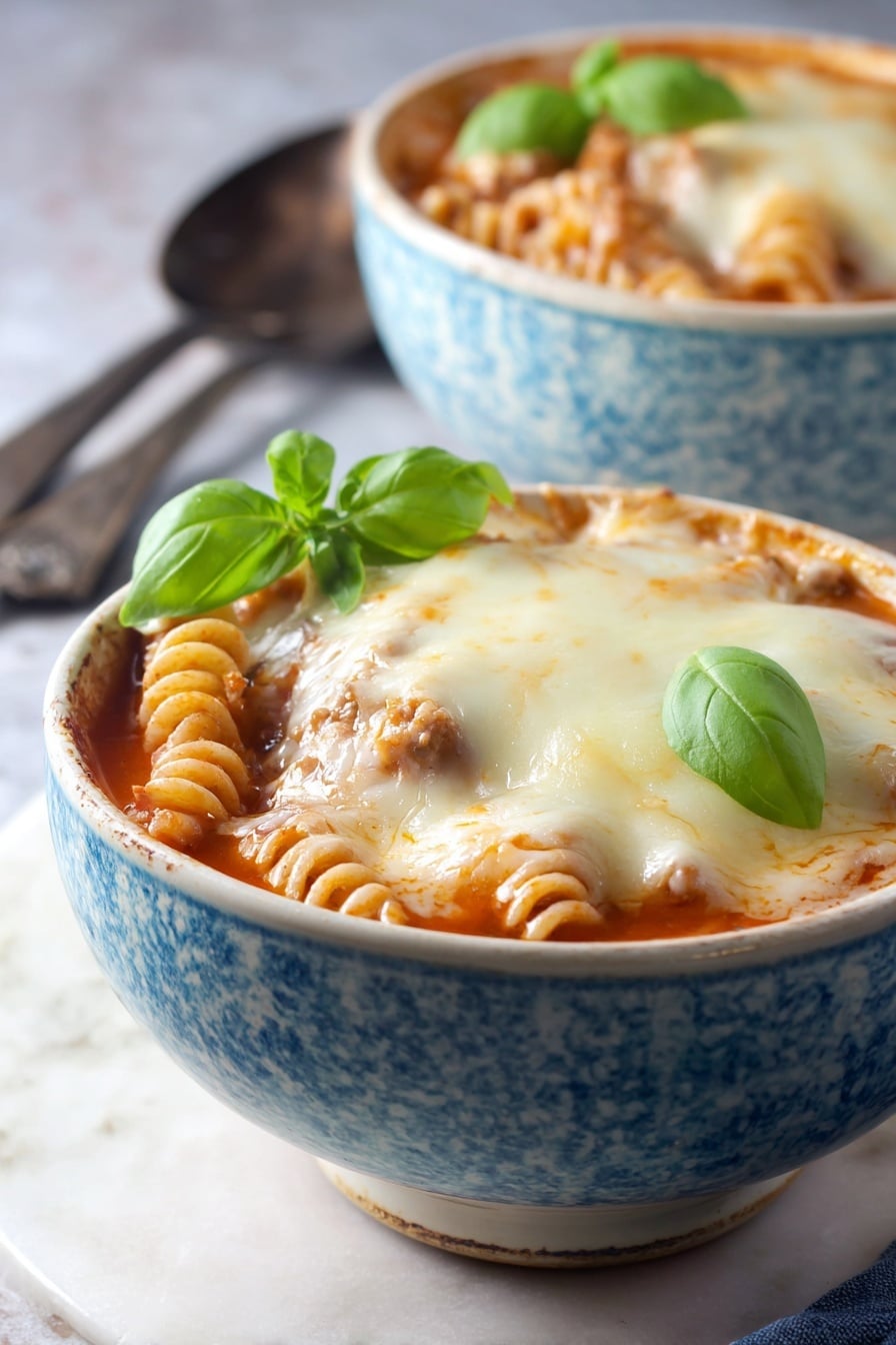 Two white bowls with blue patterns hold a layered baked pasta dish. The first layer is a red tomato sauce with visible spiral pasta and chunks of light brown meat. On top is a thick, pale melted cheese layer with spots of golden brown from baking. Each bowl is garnished with two bright green fresh basil leaves near the edge. The bowls are placed on a white marbled textured surface with two metal spoons blurred in the background. photo taken with an iphone --ar 2:3 --v 7 - Slow Cooker Chicken Parmesan Soup, Italian chicken soup, easy chicken soup recipe, comforting Italian soup, slow cooker dinner ideas