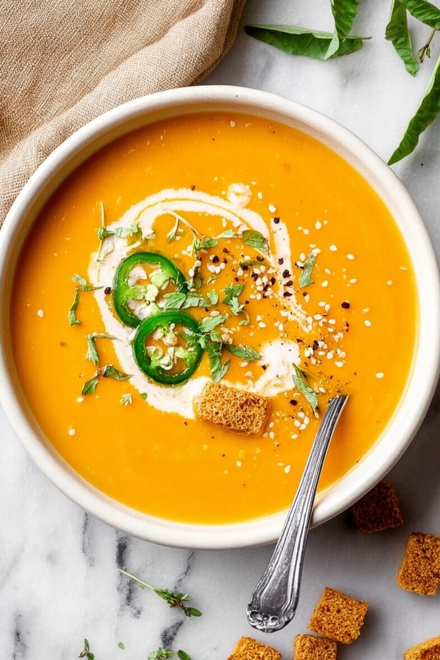A bowl of bright orange soup fills the white bowl, with creamy white swirls on top. There are three slices of fresh green jalapeño peppers placed near the center, along with small green herb leaves scattered nearby. A few small brown croutons sit on one side, with light sesame seeds sprinkled around. A silver spoon rests in the bowl near the bottom right edge. The bowl is placed on a white marbled surface with a beige cloth and green leaves visible near the top edge of the image. photo taken with an iphone --ar 2:3 --v 7 - Creamy Pumpkin Curry Soup, pumpkin curry soup recipe, easy pumpkin soup with curry, comforting pumpkin soup, healthy pumpkin curry