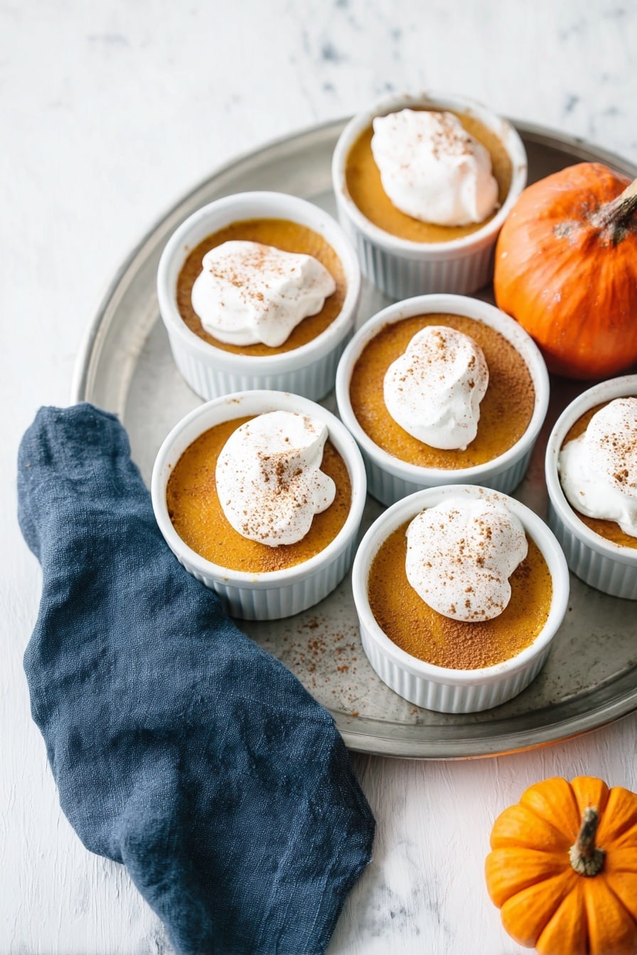 There are five white ramekins filled with a smooth orange pumpkin dessert, each topped with a dollop of white whipped cream sprinkled with brown cinnamon powder. They are arranged on a round silver tray set on a white marbled surface. To the right of the ramekins, there is a small orange pumpkin and a dark blue cloth casually placed on the tray. The scene is bright and simple, with the colors of orange, white, silver, and blue creating a cozy autumn feel. photo taken with an iphone --ar 2:3 --v 7 - Pumpkin Egg Custard, easy pumpkin custard, pumpkin dessert, silky pumpkin custard, cozy fall desserts