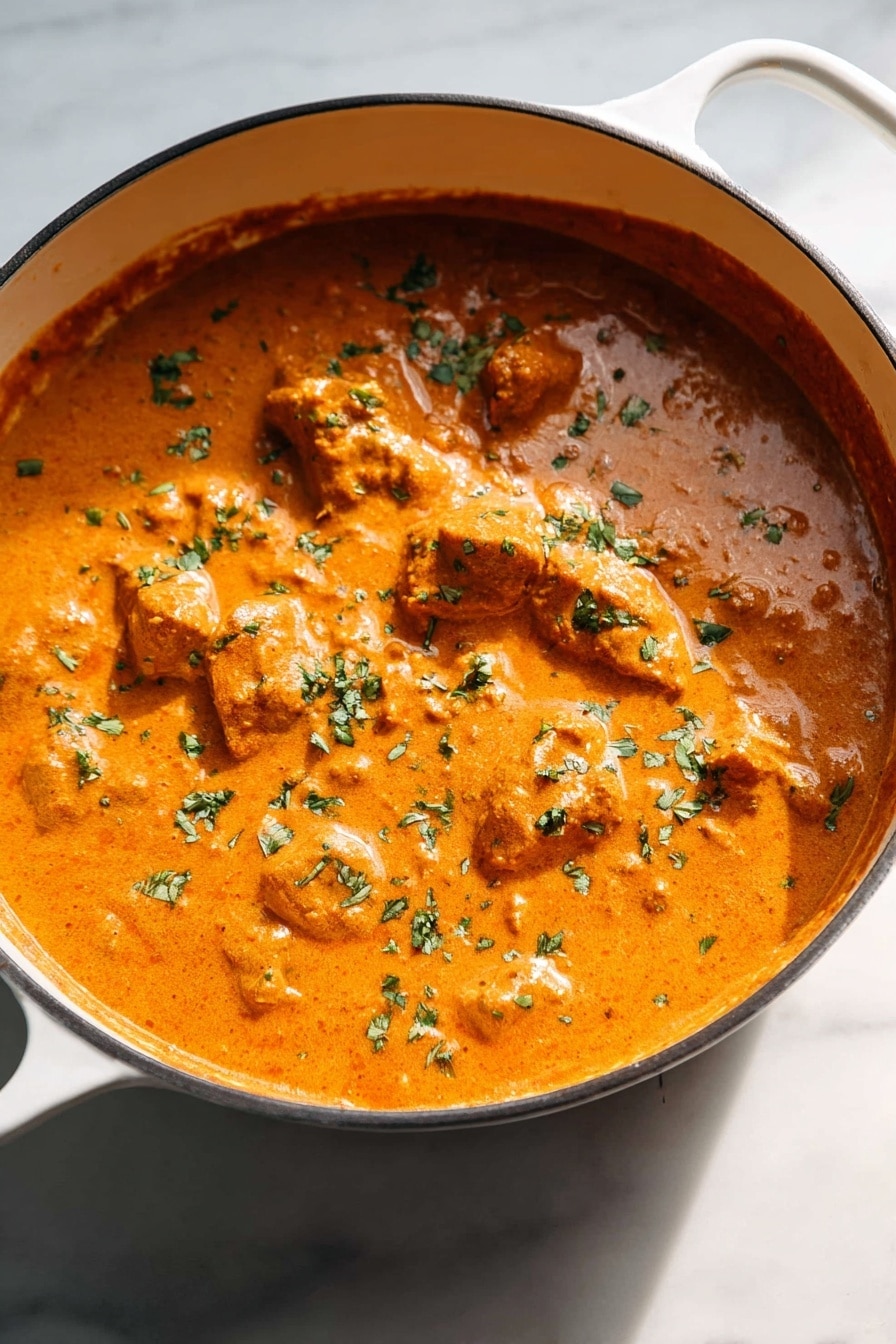 A white pot filled with a thick, creamy orange curry sauce with chunks of meat covered in the sauce. The surface has small green herb pieces sprinkled evenly on top. The pot is placed on a white marbled surface, with the sauce texture smooth and slightly glossy, showing some small lumps and pieces of food inside. The white pot handle is visible in the corner, and the lighting is bright and natural, highlighting the rich colors of the curry photo taken with an iphone --ar 2:3 --v 7 - Finger Lickin' Butter Chicken, Murgh Makhani, Indian butter chicken recipe, creamy chicken curry, restaurant-style butter chicken