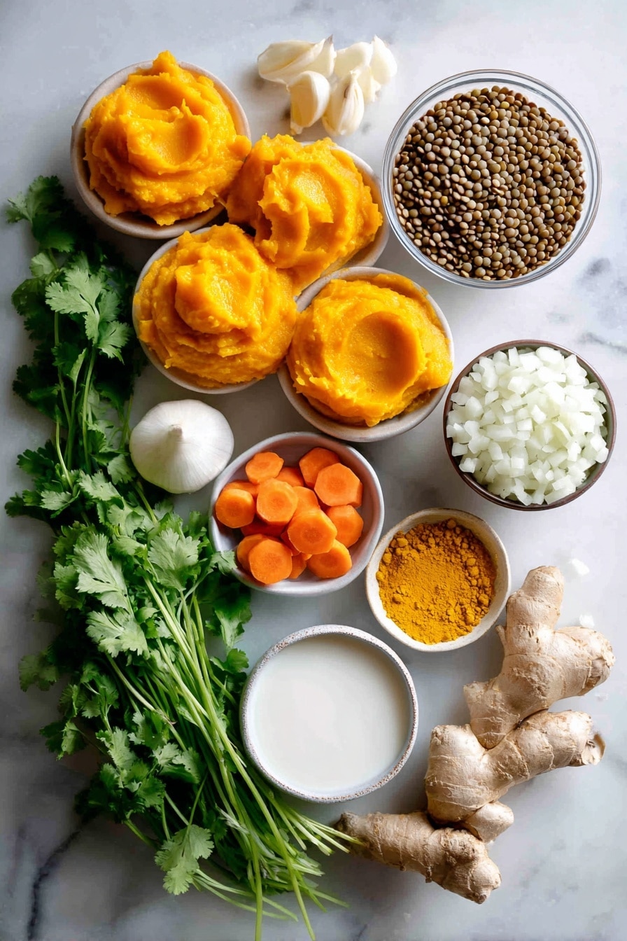 Flat lay of bright orange pumpkin puree dollops, vibrant green fresh cilantro leaves, a cluster of whole brown lentils, fresh sliced rounds of bright orange carrot, peeled white garlic cloves, a small mound of warm yellow curry powder, a piece of fresh ginger root with its knobby texture, a white diced onion pile, and a small bowl of creamy coconut milk, all beautifully arranged with natural light and soft shadows, placed on a white marble surface, photo taken with an iphone --ar 2:3 --v 7 - Vegan Curried Pumpkin Lentil Soup, vegan pumpkin soup, curried lentil soup, plant-based pumpkin soup, comforting vegan soup