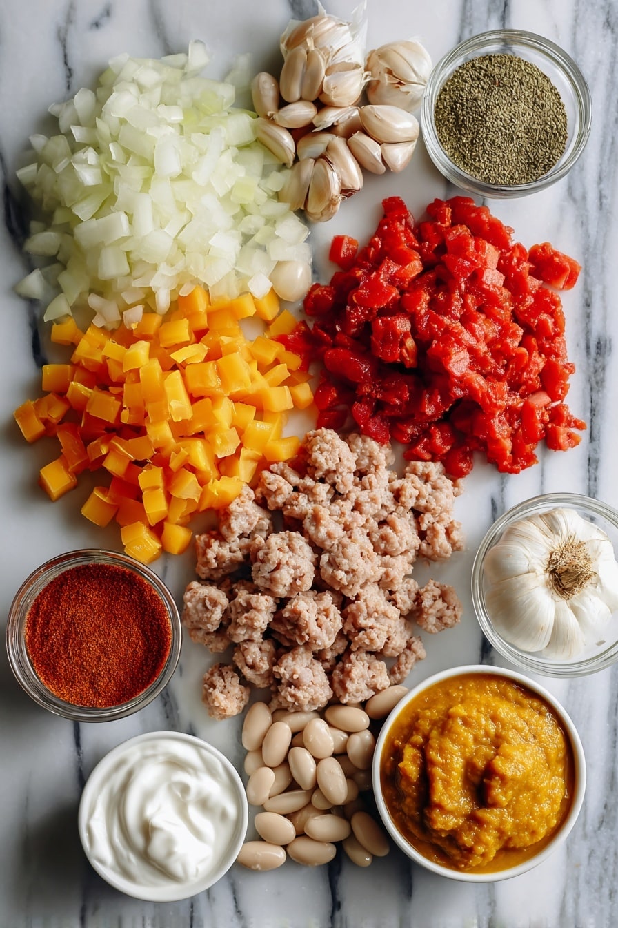 Flat lay of diced yellow onion, bright orange bell pepper pieces, whole garlic cloves, ground turkey raw and fresh, glossy white cannellini beans, vibrant fire-roasted diced tomatoes in rich red hues, smooth pumpkin puree dollops, and a small pile of creamy sour cream, all beautifully arranged with a sprinkle of chili powder and ground cumin nearby, placed on a white marble surface, photo taken with an iphone --ar 2:3 --v 7 - Turkey Pumpkin Chili, pumpkin chili recipe, hearty fall chili, healthy turkey chili, pumpkin soup with ground turkey