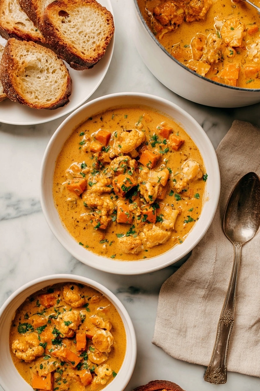 The image shows a thick, creamy stew with chunks of orange sweet potatoes, off-white cauliflower florets, and small green chopped herbs on top, all mixed in a rich golden-orange sauce. There are two white bowls filled with the stew, one in the center and one at the bottom left corner, both showing the same stew texture with visible pieces of vegetables. Near the center bowl, on the right side, a silver spoon rests on a beige cloth napkin placed on a white marbled surface. On the upper left corner, two slices of toasted bread sit on a white plate. A larger white pot filled with more stew is partially visible in the top right corner. The photo is taken with an iphone --ar 2:3 --v 7 - Creamy Cauliflower & Sweet Potato Chowder, healthy vegan soup, cozy plant-based dinner, roasted cauliflower sweet potato soup, dairy-free hearty chowder
