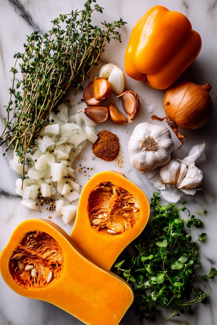 Flat lay of halved roasted butternut squash with vibrant orange flesh, a whole orange bell pepper, a peeled and chopped medium onion, several cloves of minced garlic, fresh thyme sprigs, dried cumin seeds, a small pile of ground nutmeg, handfuls of bright green parsley leaves and microgreens, all beautifully arranged with natural light highlighting their rich colors and textures, placed on a white marble surface, photo taken with an iphone --ar 2:3 --v 7 - Orange Shakshuka with Roasted Butternut Squash and Spiced Eggs, shakshuka with butternut squash, spicy breakfast with roasted squash, vibrant brunch shakshuka, cozy egg shakshuka recipe