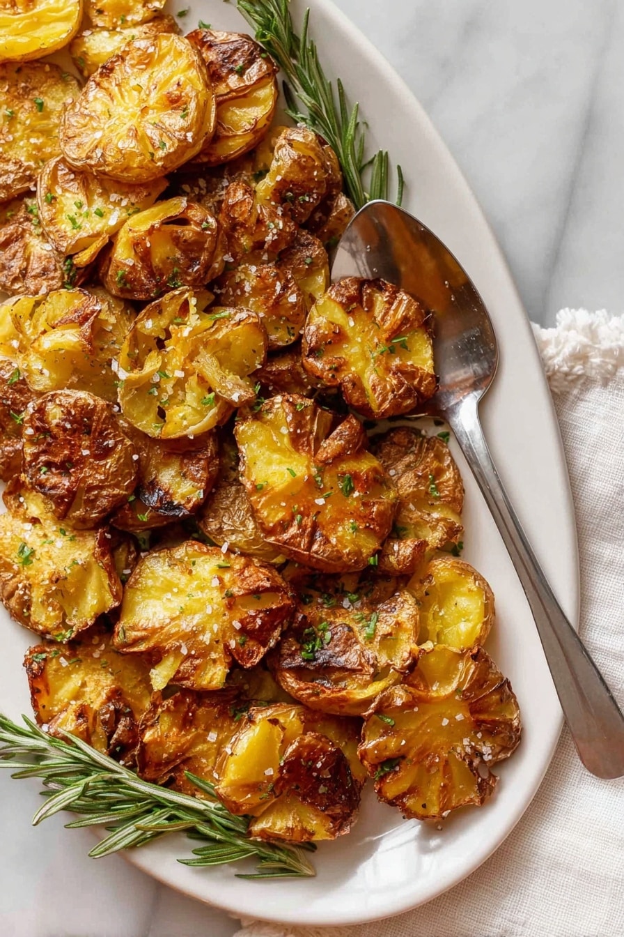 This image shows a white oval plate filled with smashed roasted potatoes, each piece golden brown with crispy edges and a slightly wrinkled texture. The potatoes are sprinkled with coarse salt and finely chopped green herbs, giving a fresh look. Some sprigs of fresh rosemary are placed among the potatoes for decoration. A silver spoon rests on the right side of the plate, partially placed on the potatoes. The plate is set on a white marbled surface, and a white cloth with small pompom edges is beside it. photo taken with an iphone --ar 2:3 --v 7 - Crispy Air Fryer Smashed Potatoes, air fryer smashed potatoes, crispy potato sides, easy air fryer potato recipes, crunchy smashed potatoes