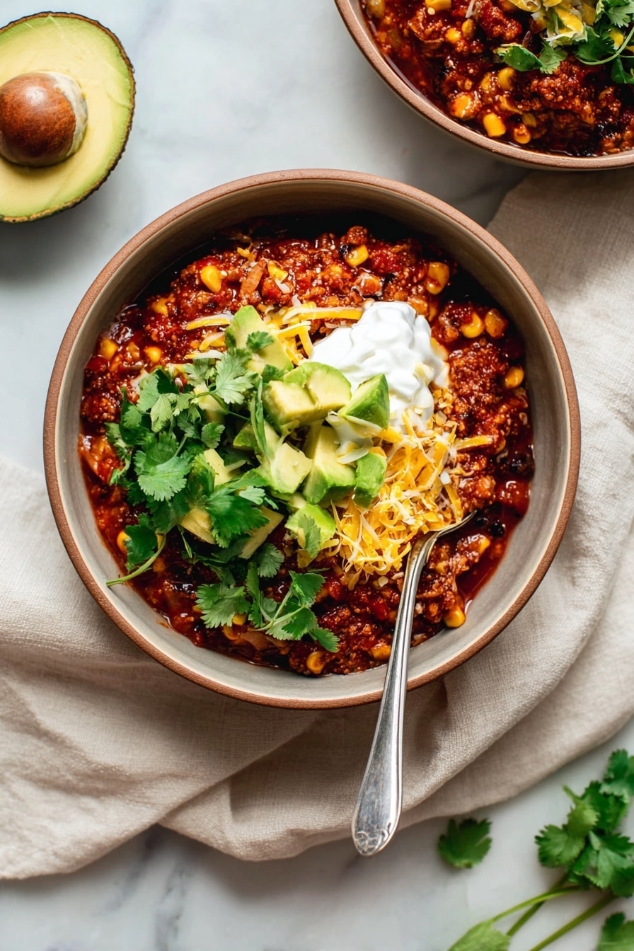 The dish is presented in a round bowl with a brown rim, filled with a thick, reddish-brown chili mixture containing visible corn kernels and black beans. On top, there are bright yellow shredded cheese and chunky green avocado pieces layered with fresh green cilantro leaves. A dollop of white sour cream sits near the avocado. A silver spoon rests inside the bowl, placed on the right side on a white marbled surface with a light beige cloth partially visible underneath. Part of another identical bowl is seen in the top right corner, and a halved avocado is placed on the left side. The photo taken with an iphone --ar 2:3 --v 7 - Slow Cooker Vegan Bean & Quinoa Chili, vegan chili recipe, healthy vegan chili, hearty plant-based chili, easy vegan dinner