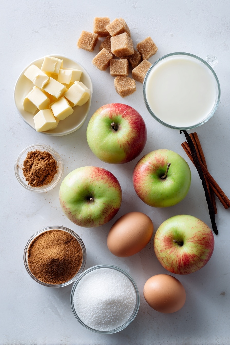 Flat lay of diced fresh apples with pale red and green skin, light brown sugar crystals, granulated white sugar, a small heap of ground cinnamon powder, cubes of unsalted butter in soft yellow, whole eggs with smooth brown shells, a small glass of creamy whole milk, and a vanilla bean pod, all beautifully arranged in a balanced composition placed on a white marble surface, photo taken with an iphone --ar 2:3 --v 7 - Apple Muffins Recipe, moist apple muffins, cinnamon apple muffins, easy apple muffin recipe, homemade apple muffins