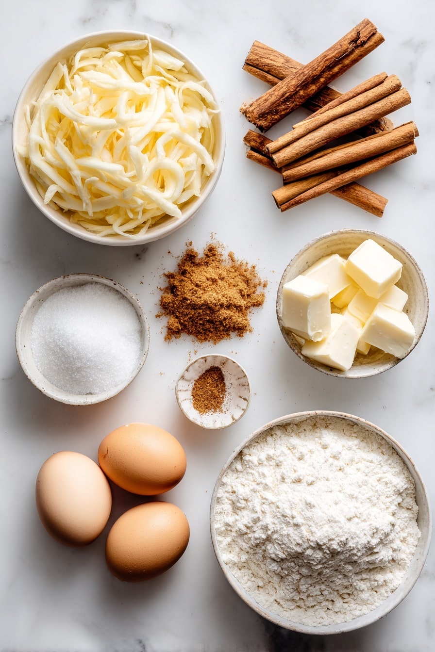 Flat lay of peeled shredded apple, cinnamon sticks, ground cinnamon powder sprinkled artistically, granulated sugar crystals, small cubes of frozen unsalted butter, whole large egg, a bowl of heavy cream with a smooth surface, and a mound of all-purpose flour, all beautifully arranged with soft natural light and warm tones, placed on a white marble surface, photo taken with an iphone --ar 2:3 --v 7 - Easy Apple Scones, apple scones recipe, flaky scones with apple, homemade apple scones, fall breakfast ideas