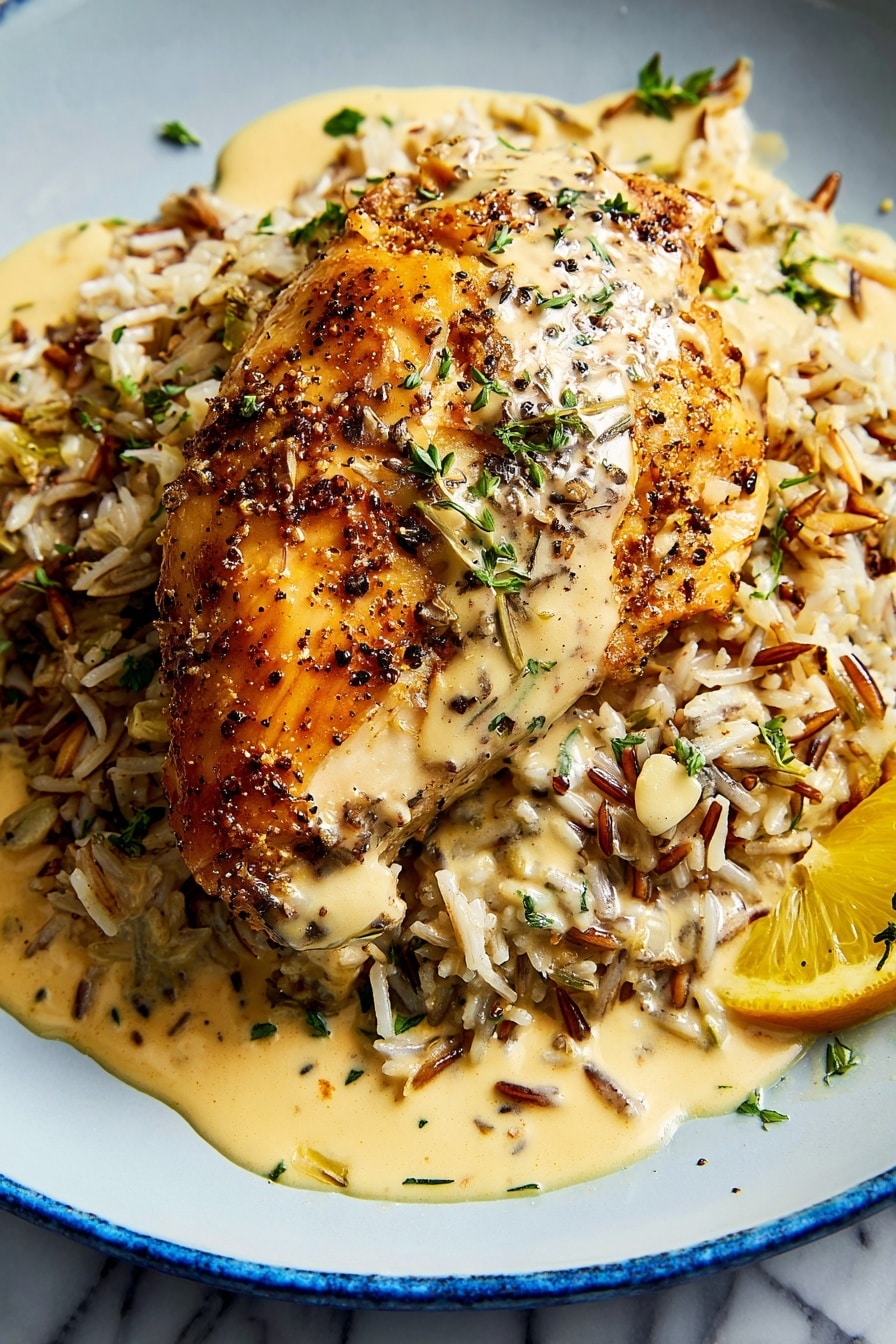 A golden brown cooked chicken piece with visible black pepper and herbs on top sits in the center of the image, half-covered by a creamy light beige sauce with small white chunks and green herb leaves. The chicken rests on a pile of mixed rice grains, showing both white and wild rice with a slightly glossy texture. A lemon slice is partially seen under the rice on the right side. The dish is served on a white plate against a white marbled background. Photo taken with an iphone --ar 2:3 --v 7 - Slow Cooker Creamy Lemon Herb Chicken, easy lemon chicken, healthy slow cooker chicken, tender lemon chicken recipe, flavorful chicken dinner