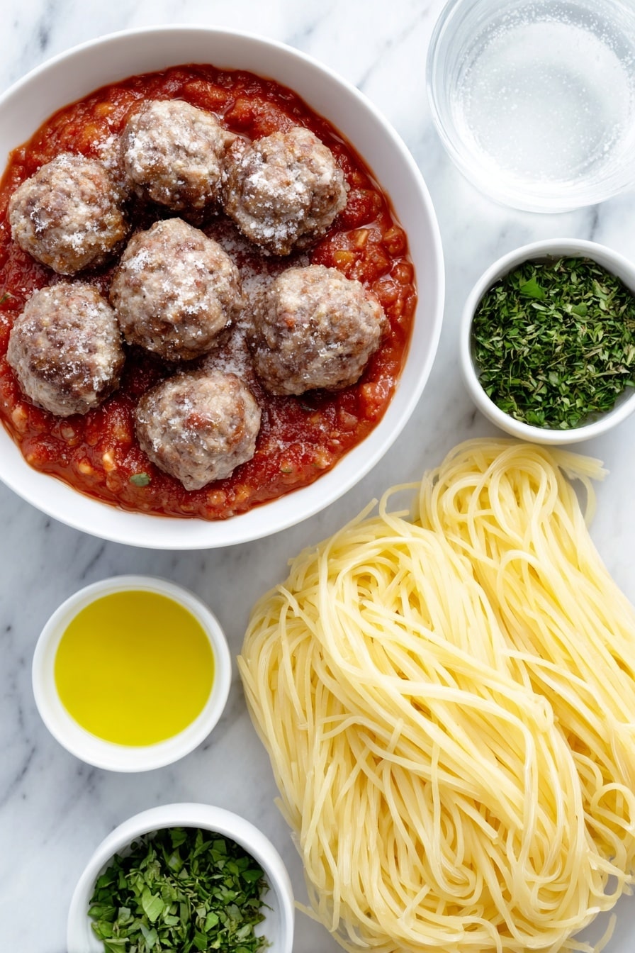 Flat lay of a simple white ceramic bowl filled with vibrant red spaghetti sauce, a few frozen meatballs with a frosty appearance, a small white bowl of clear water, a small white bowl with golden olive oil, a neat bundle of uncooked spaghetti noodles, and a small white bowl holding freshly chopped green herbs (basil, oregano, and parsley), all arranged in perfect symmetry and balanced proportions, placed on a clean white marble surface, soft natural light, photo taken with an iPhone, professional food photography style, fresh ingredients, white ceramic bowls, no bottles, no duplicates, no utensils, no packaging --ar 2:3 --v 7 --p awthu7i m7354615311229779997 - Easy Crock Pot Spaghetti with Meatballs, slow cooker spaghetti and meatballs, effortless crockpot dinner, easy family-friendly spaghetti, simple crockpot recipes