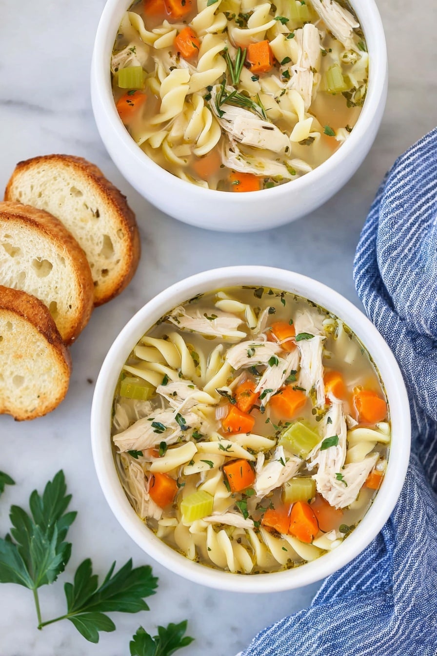 Two white bowls with three layers of chicken noodle soup sit on a white marbled surface. Each bowl shows a clear broth base with light yellow, curly egg noodles, white shredded chicken pieces, and bright orange carrot chunks floating on top. Small light green celery pieces and fresh green herbs like rosemary and parsley add flecks of color. A silver spoon rests inside the closer bowl. On the right side, there are three slices of bread stacked slightly on the white marbled surface. A blue and white striped cloth is partly visible near the front bowl. Photo taken with an iphone --ar 2:3 --v 7 - Crockpot Chicken Noodle Soup, easy chicken noodle soup, slow cooker chicken soup, homemade chicken noodle soup, comforting crockpot recipes