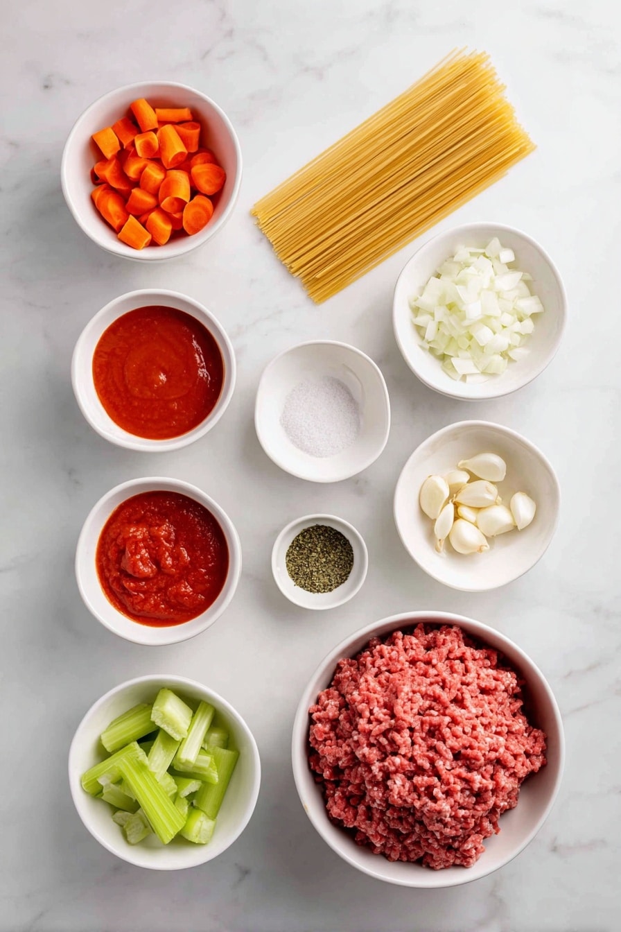 Flat lay of crispy chopped bacon strips, a large diced onion, two medium diced carrots, two diced celery stalks, three peeled garlic cloves, a small white bowl of canned chopped tomatoes, a small white bowl of smooth tomato passata, a small white bowl of dried basil leaves, a small white bowl of dried oregano leaves, a small white bowl of salt crystals, a mound of raw extra-lean ground beef all arranged symmetrically in simple white ceramic bowls and plates, placed on a clean white marble surface, soft natural light, photo taken with an iPhone, professional food photography style, fresh ingredients, white ceramic bowls, no bottles, no duplicates, no utensils, no packaging --ar 2:3 --v 7 --p awthu7i m7354615311229779997 - Slow Cooker Bolognese Sauce, easy slow cooker pasta sauce, hearty Italian meat sauce, make-ahead Bolognese, flavorful slow cooker recipes