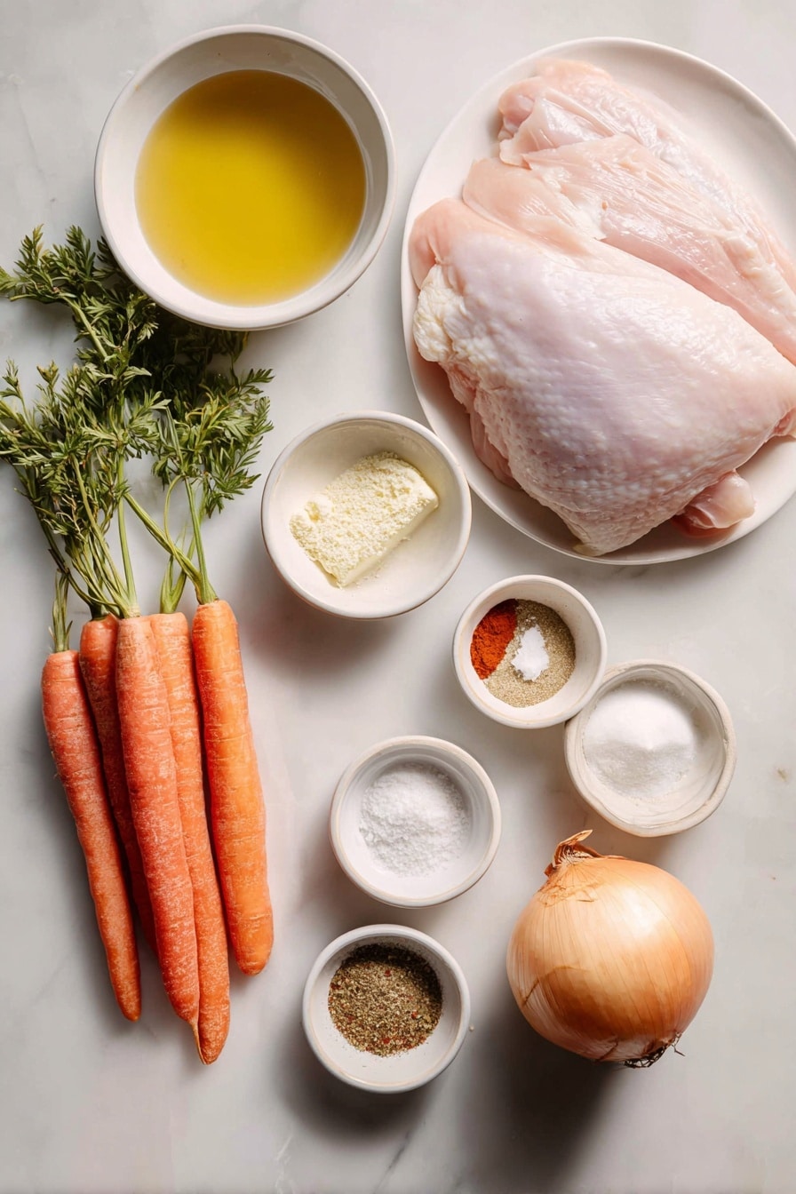 Flat lay of a whole raw boneless turkey breast with skin, a quartered medium yellow onion, two fresh medium carrots with leafy tops, a small white ceramic bowl filled with melted butter, a small white ceramic bowl of granulated garlic powder, a small white ceramic bowl of poultry seasoning blend, a small white ceramic bowl of paprika powder, and a small white ceramic bowl of kosher salt, all arranged symmetrically on a clean white marble surface, soft natural light, photo taken with an iPhone, professional food photography style, fresh ingredients, white ceramic bowls, no bottles, no duplicates, no utensils, no packaging --ar 2:3 --v 7 --p awthu7i m7354615311229779997 - Slow Cooker Turkey Breast, Juicy Turkey Breast, Set-and-Forget Turkey, Easy Holiday Turkey, Moist Oven-Free Turkey