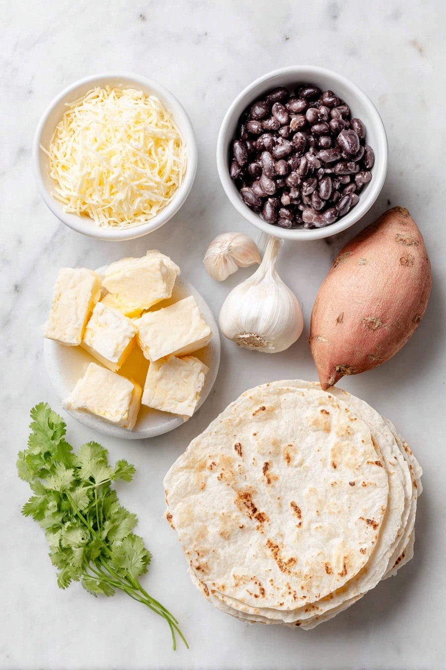 Flat lay of peeled sweet potato cubes, a small sweet onion whole, two cloves of garlic, a small white ceramic bowl of olive oil, a small white ceramic bowl of refried black beans, a small white ceramic bowl of coconut oil, a stack of corn tortillas, a small white ceramic bowl of shredded Monterrey Jack cheese, and a few sprigs of fresh cilantro placed on a clean white marble surface, soft natural light, photo taken with an iPhone, professional food photography style, fresh ingredients, white ceramic bowls, no bottles, no duplicates, no utensils, no packaging --ar 2:3 --v 7 --p awthu7i m7354615311229779997 - Black Bean Sweet Potato Tacos, vegetarian taco recipes, easy healthy dinner ideas, plant-based tacos, quick vegetarian meals