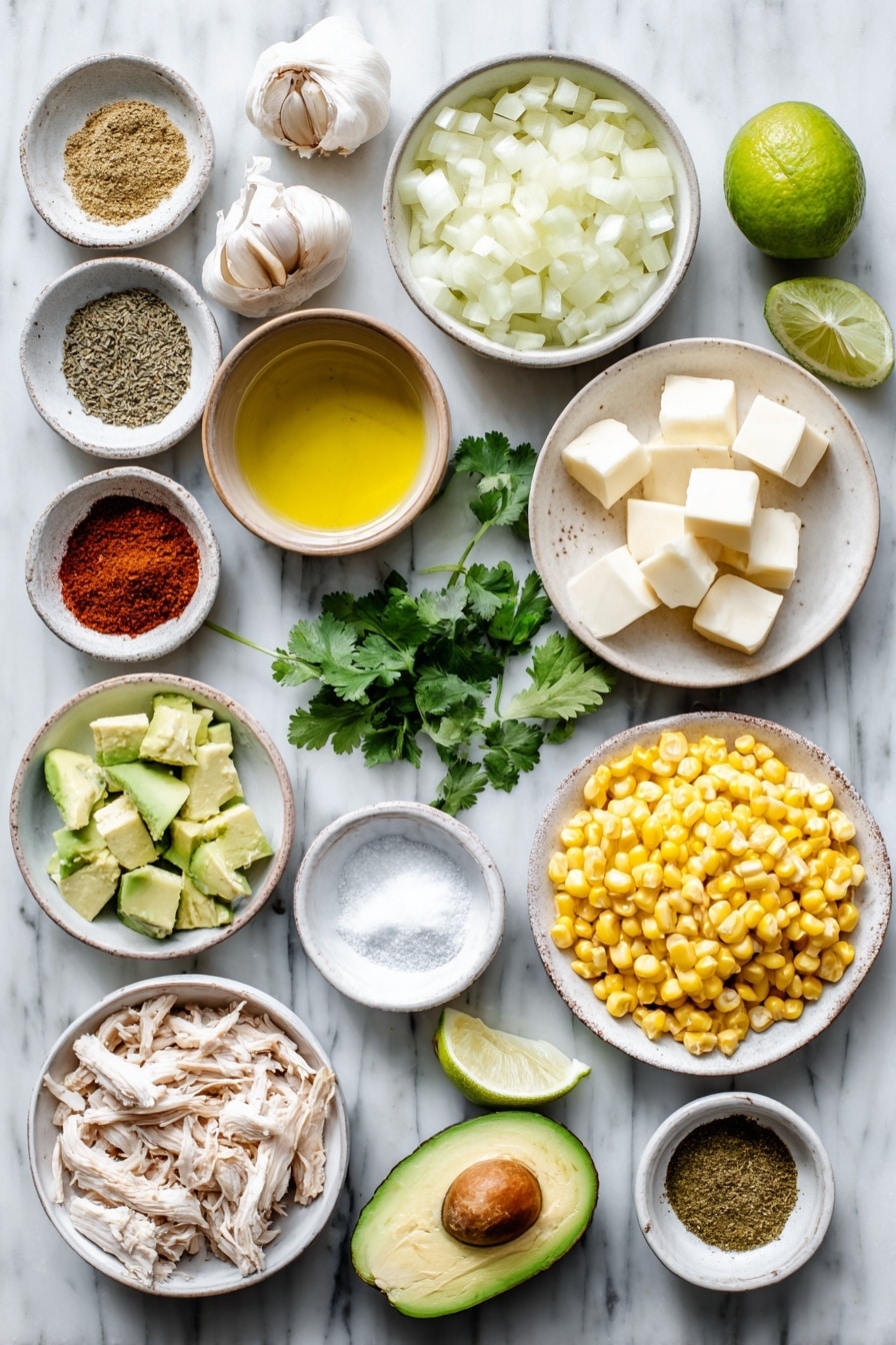 Flat lay of a small yellow onion diced in neat pieces, two whole cloves of garlic unpeeled, a small white ceramic bowl with golden olive oil, a small white ceramic bowl holding light green diced fresh green chilies, a small white ceramic bowl with ground cumin powder, another small white ceramic bowl with paprika powder, a small white ceramic bowl containing dried oregano leaves, a small white ceramic bowl filled with ground coriander, a small white ceramic bowl with cayenne pepper, a small white ceramic bowl of salt, a small white ceramic bowl of freshly ground black pepper, a small white ceramic bowl with cubed Neufchatel cheese, fresh bright yellow corn kernels in a small white ceramic bowl, whole fresh cannellini beans rinsed and drained in a small white ceramic bowl, shredded cooked chicken arranged plainly on a white ceramic plate, a small white ceramic bowl with fresh lime wedges, and a small bunch of fresh cilantro sprigs arranged organically on a white ceramic plate — all placed on a clean white marble surface, soft natural light, photo taken with an iPhone, professional food photography style, fresh ingredients, white ceramic bowls, no bottles, no duplicates, no utensils, no packaging --ar 2:3 --v 7 --p awthu7i m7354615311229779997 - White Chicken Chili, White Chicken Chili Ingredients, Best White Chicken Chili, How to Make White Chicken Chili, White Chicken Chili Easy Recipe