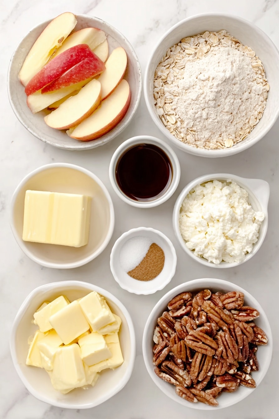 Flat lay of fresh medium Honeycrisp apples, peeled, cored, and thinly sliced arranged neatly, a small white ceramic bowl of whole wheat pastry flour, a small white ceramic bowl filled with old fashioned rolled oats, a small white ceramic bowl with dark brown sugar, raw chopped pecans scattered in a small white ceramic bowl, small white ceramic bowls containing ground cinnamon and salt, small white ceramic bowl with cold butter cubes, a small white ceramic bowl holding pure maple syrup, a small white ceramic bowl with a pinch of nutmeg, a small white ceramic bowl with bourbon, all ingredients fresh and natural, arranged in perfect symmetry on a clean white marble surface, soft natural light, photo taken with an iPhone, professional food photography style, fresh ingredients, white ceramic bowls, no bottles, no duplicates, no utensils, no packaging --ar 2:3 --v 7 --p awthu7i m7354615311229779997 - Healthy Apple Crisp, healthy apple crisp recipe, wholesome apple dessert, gluten-free apple crisp, easy fall dessert