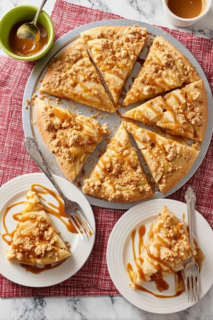 The image shows a round apple dessert pizza divided into seven slices on a silver tray placed on a white marbled surface over a red and white checkered cloth. The pizza has a light golden-brown crust with a base layer of apple slices arranged evenly in a circle. On top, there is a layer of crumbly streusel in small clumps and a thick drizzle of caramel sauce spread unevenly over the whole pizza. Two white plates each hold a single slice with caramel sauce drizzled on top, one plate has a fork beside the slice. A small green bowl filled with caramel sauce and a spoon rests near the pizza. The photo taken with an iphone --ar 2:3 --v 7 - Apple Pizza with Cream Cheese, Caramel, and Streusel, apple dessert recipe, easy fruit pizza, cinnamon apple tart, caramel apple dessert