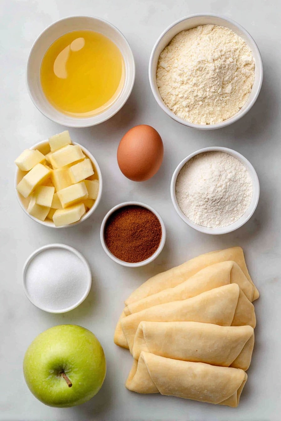 Flat lay of a whole firm Granny Smith apple, peeled and sliced into eight crisp pieces, eight triangular pieces of unbaked crescent roll dough neatly arranged in a fan shape, a small white ceramic bowl filled with melted golden butter, a small white ceramic bowl heaped with granulated white sugar, a small white ceramic bowl containing warm brown ground cinnamon, a small white ceramic bowl with a light mound of pale all-purpose flour, a whole clean uncracked brown egg placed near the center, and a small white ceramic bowl filled with clear, sparkling Sprite, all items perfectly spaced with balanced symmetry, placed on a clean white marble surface, soft natural light, photo taken with an iPhone, professional food photography style, fresh ingredients, white ceramic bowls, no bottles, no duplicates, no utensils, no packaging --ar 2:3 --v 7 --p awthu7i m7354615311229779997 - Apple Dumplings with Cinnamon-Sugar and Sprite Glaze, easy apple dessert, cinnamon sugar apple treat, homemade apple dumplings, quick apple dessert