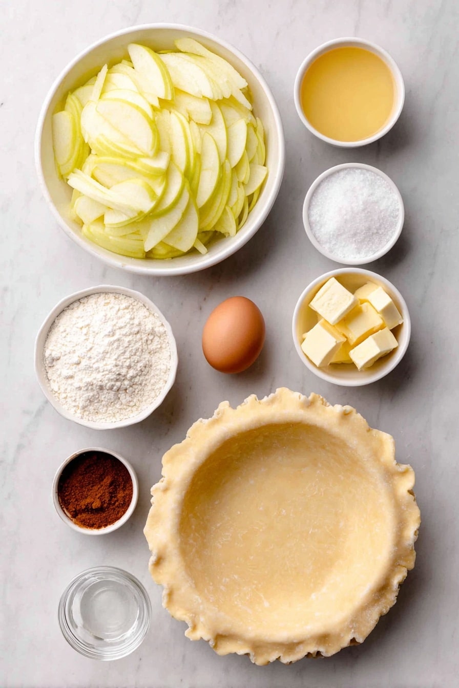 Flat lay of a small stack of rolled-out double pie crust dough circles, a large white ceramic bowl filled with thinly sliced green Granny Smith apples, a small white bowl of ground cinnamon, a small white bowl with cubes of unsalted butter, a small white bowl of all-purpose flour, a small white bowl of granulated sugar, a small white bowl of clear water, and one whole uncracked brown egg placed beside a small white bowl with a beaten egg wash mixture, all arranged symmetrically on a clean white marble surface, soft natural light, photo taken with an iPhone, professional food photography style, fresh ingredients, white ceramic bowls, no bottles, no duplicates, no utensils, no packaging --ar 2:3 --v 7 --p awthu7i m7354615311229779997 - Apple Pie Classic, Best Apple Pie, Homemade Apple Pie, Flaky Apple Pie Crust, Spiced Apple Pie