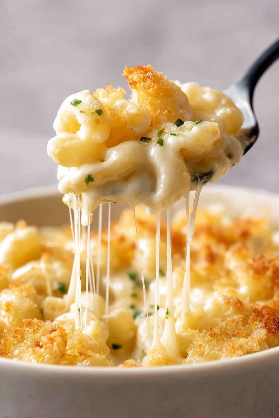 A close-up shows a spoon lifting a creamy, cheesy macaroni and cheese from a white bowl, with long, thin strings of melted cheese stretching down to the bowl. The macaroni is coated in a smooth, light yellow cheese sauce with small green herb bits mixed in. The top layer is golden brown and slightly crispy, adding texture contrast to the soft and creamy pasta beneath. The photo is set against a soft, neutral background that highlights the dish's rich, inviting colors. photo taken with an iphone --ar 2:3 --v 7 - Baked Mac and Cheese, baked mac and cheese recipe, cheesy baked mac n cheese, creamy baked pasta, crunchy topping macaroni