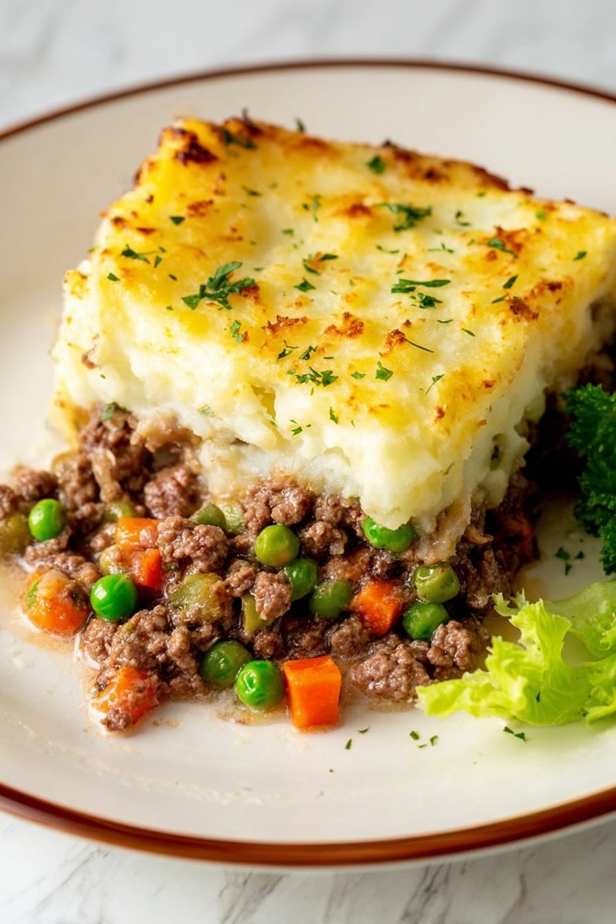 A slice of shepherd's pie on a white plate with a thin brown rim, placed on a white marbled surface. The dish has two main layers: the bottom layer is a mix of cooked minced meat with bright green peas and small orange carrot cubes, showing a moist and slightly crumbly texture. The top layer is a thick, smooth golden-yellow mashed potato topping with some browned spots from baking, sprinkled lightly with green parsley bits. A small green lettuce leaf is visible on the right edge of the plate. Photo taken with an iphone --ar 2:3 --v 7 - Classic Shepherd's Pie with Lamb or Beef, Shepherd's Pie recipe, hearty shepherd's pie, lamb and beef shepherd's pie, comfort food recipes