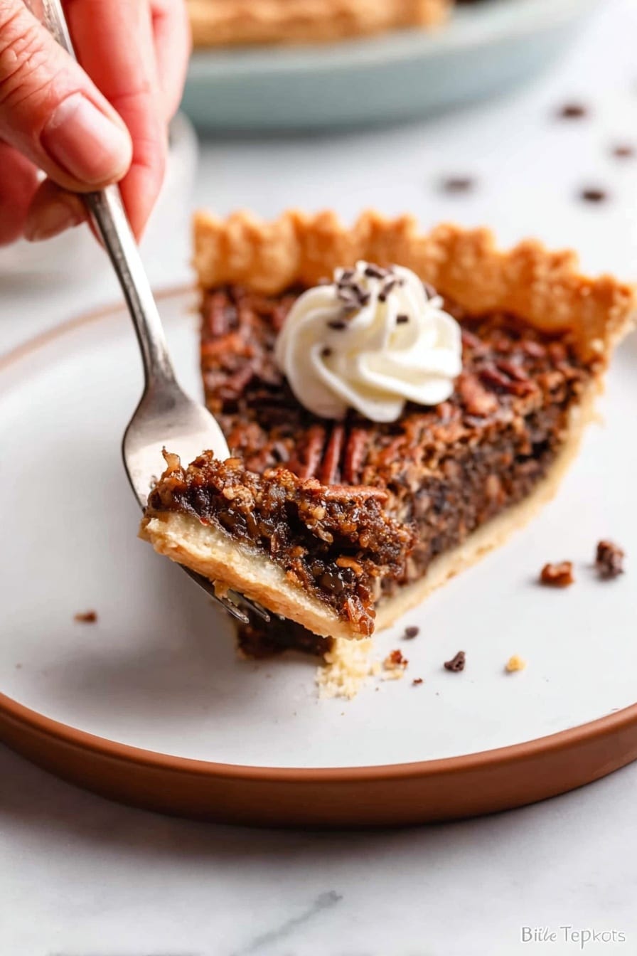 A slice of dark brown pecan pie with a golden crust sits on a white plate with a thin brown rim, placed on a white marbled surface. The pecan filling is textured and chunky, topped with a small swirl of white cream and tiny chocolate bits. A woman's hand holds a silver fork, lifting a piece of the pie with crust and filling visible. Photo taken with an iphone --ar 2:3 --v 7 - Chocolate Pecan Pie with Cocoa, pecan chocolate pie recipe, easy chocolate pecan pie, homemade pecan chocolate dessert, decadent pecan pie with cocoa