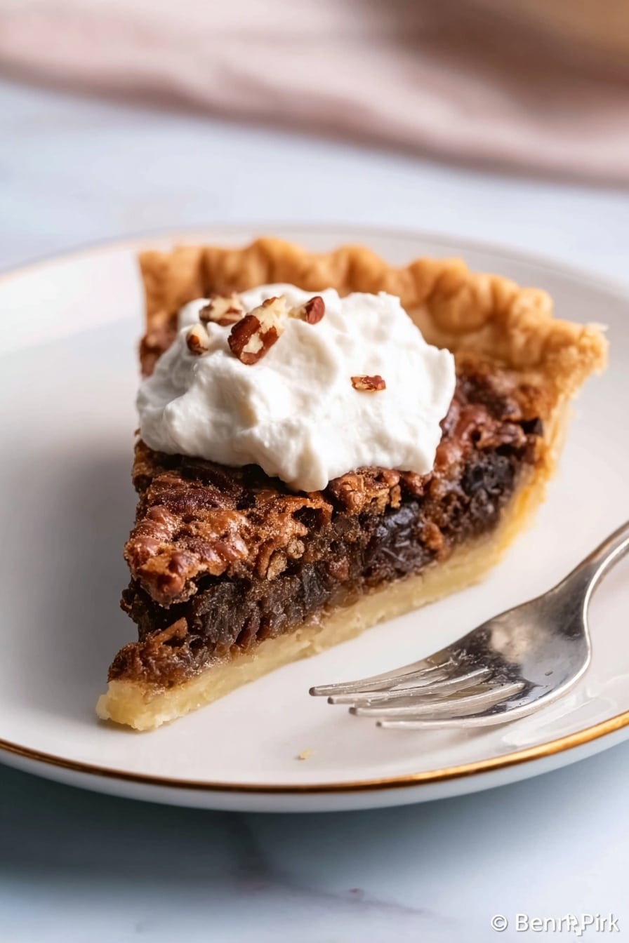A single slice of pecan pie sits on a white plate with a thin gold rim, placed on a white marbled surface. The pie slice has three clear layers: a golden, thin crust at the base; a rich, dark brown filling with visible bits of pecans creating a crunchy texture in the middle; and a dollop of white whipped cream on top, sprinkled lightly with small pecan pieces. A woman's hand holds a fork near the plate, and the background is softly blurred with light tones. photo taken with an iphone --ar 2:3 --v 7 - Chocolate Pecan Pie with Cocoa, pecan chocolate pie recipe, easy chocolate pecan pie, homemade pecan chocolate dessert, decadent pecan pie with cocoa