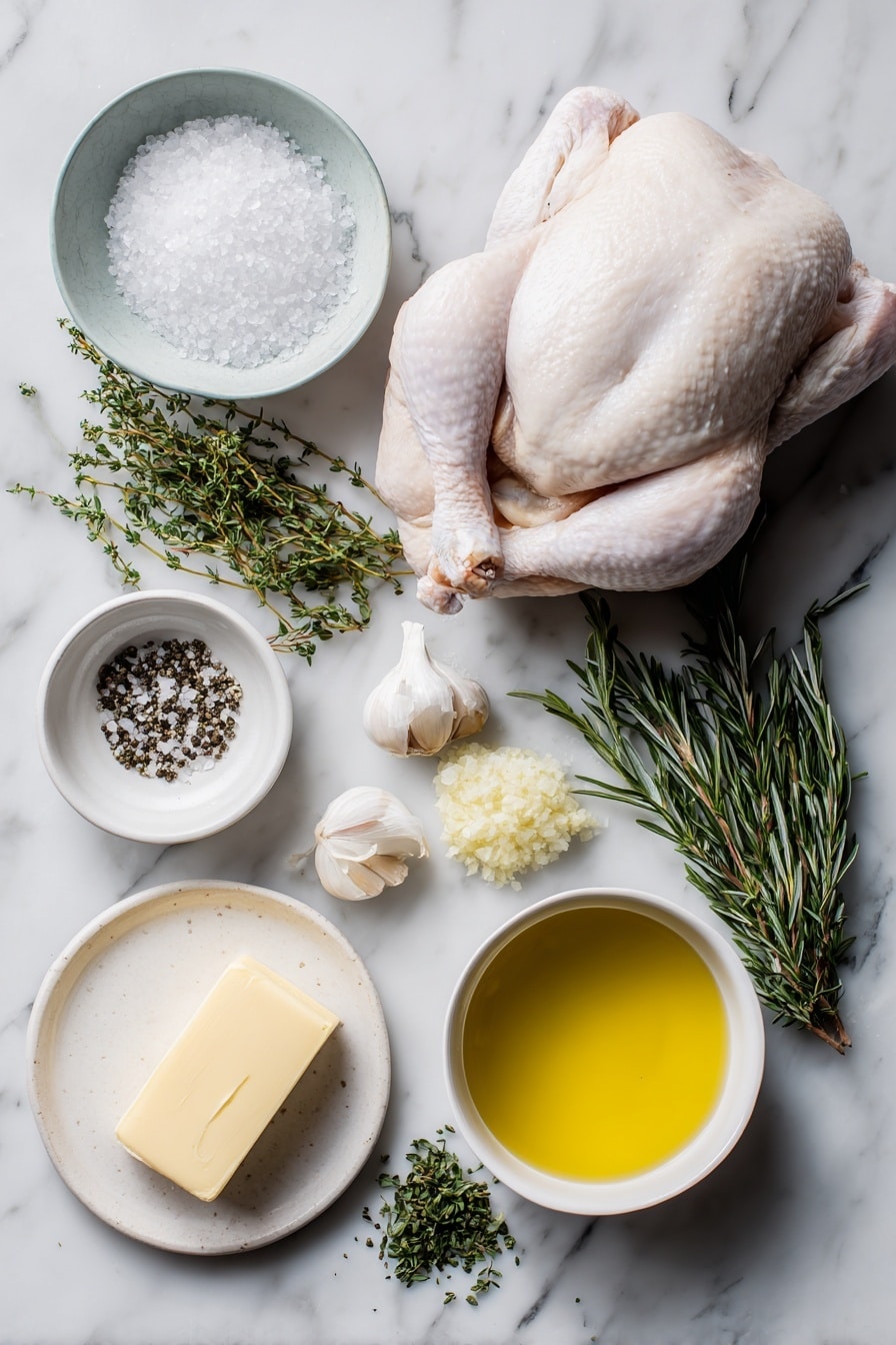 Flat lay of kosher salt crystals in a small white ceramic bowl, freshly ground black pepper in a small white bowl, a few sprigs of fresh rosemary minced beside fresh thyme leaves chopped, a whole stick of golden melted butter on a white ceramic dish, a small white bowl with glossy olive oil, two whole uncracked garlic cloves, all arranged with perfect symmetry and balanced proportions, placed on a clean white marble surface, soft natural light, photo taken with an iPhone, professional food photography style, fresh ingredients, white ceramic bowls, no bottles, no duplicates, no utensils, no packaging --ar 2:3 --v 7 --p awthu7i m7354615311229779997 - Perfect Roast Turkey, roast turkey recipe, crispy turkey skin, juicy turkey, holiday turkey dinner