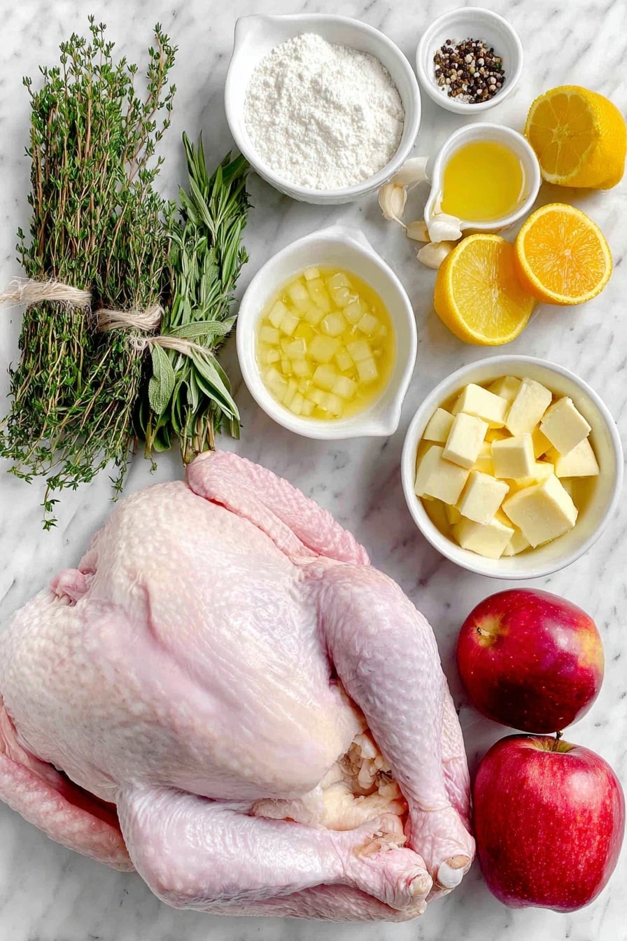 Flat lay of a whole defrosted raw turkey with pale pink skin, a large peeled and chopped yellow onion, ten whole unpeeled garlic cloves scattered nearby, a large bright orange cut into chunks, a large yellow lemon cut into chunks, a large red apple cut into pieces, a fresh bundle of green thyme and rosemary sprigs tied together, a small white ceramic bowl filled with golden pure maple syrup, a small white ceramic bowl holding soft salted butter cubes, a small white ceramic bowl containing pale all-purpose flour, a small white ceramic bowl with clear golden chicken broth, a small white ceramic bowl filled with coarse white salt, and a small white ceramic bowl with ground black pepper, all arranged with perfect symmetry and balanced proportions placed on a clean white marble surface, soft natural light, photo taken with an iPhone, professional food photography style, fresh ingredients, white ceramic bowls, no bottles, no duplicates, no utensils, no packaging --ar 2:3 --v 7 --p awthu7i m7354615311229779997 - Maple Glazed Roast Turkey, Maple Glazed Turkey, Holiday Turkey, Juicy Roast Turkey, Sweet Savory Turkey