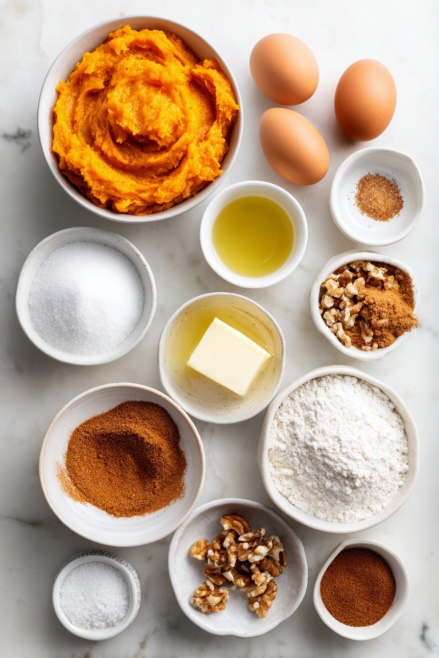 Flat lay of a small white bowl filled with bright orange pumpkin puree, a few tablespoons of melted golden salted butter in a small white bowl, a small white bowl heaped with light brown sugar, another small white bowl with white granulated sugar, two whole uncracked brown eggs, a small white bowl holding clear vanilla extract, a small white bowl with white all-purpose flour, a small white bowl containing warm-toned pumpkin pie spice, a small white bowl with ground cinnamon, a small white bowl of baking powder, a small white bowl of fine sea salt, and a small white bowl with mixed chocolate chips, cinnamon chips, and walnut pieces, all arranged symmetrically on a clean white marble surface, soft natural light, photo taken with an iPhone, professional food photography style, fresh ingredients, white ceramic bowls, no bottles, no duplicates, no utensils, no packaging --ar 2:3 --v 7 --p awthu7i m7354615311229779997 - Perfect Pumpkin Muffins, pumpkin muffins recipe, fall muffin recipes, moist pumpkin muffins, cozy spice muffins