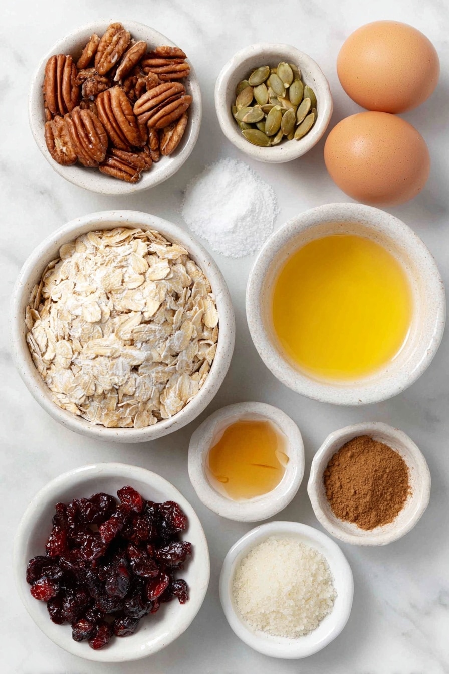 Flat lay of a small heap of old-fashioned whole rolled oats, a small mound of unsweetened shredded coconut flakes, a handful of raw pepitas (pumpkin seeds), a small pile of halved pecans, a small white ceramic bowl filled with ground cinnamon powder, another small white ceramic bowl with pumpkin pie spice powder, a tiny pinch of salt beside them, two whole clean uncracked brown eggs, a small white ceramic bowl holding melted coconut oil, a small white ceramic bowl with bright orange pumpkin puree, a small white ceramic bowl of amber pure maple syrup, a small white ceramic bowl of light brown packed brown sugar, a small white ceramic bowl containing clear vanilla extract, and a small pile of vibrant dried cranberries, all arranged in perfect symmetry on a clean white marble surface, soft natural light, photo taken with an iPhone, professional food photography style, fresh ingredients, white ceramic bowls, no bottles, no duplicates, no utensils, no packaging --ar 2:3 --v 7 --p awthu7i m7354615311229779997 - Pumpkin Spice Granola with Cranberries, fall granola recipe, pumpkin spice breakfast, healthy pumpkin granola, crunchy cranberry granola