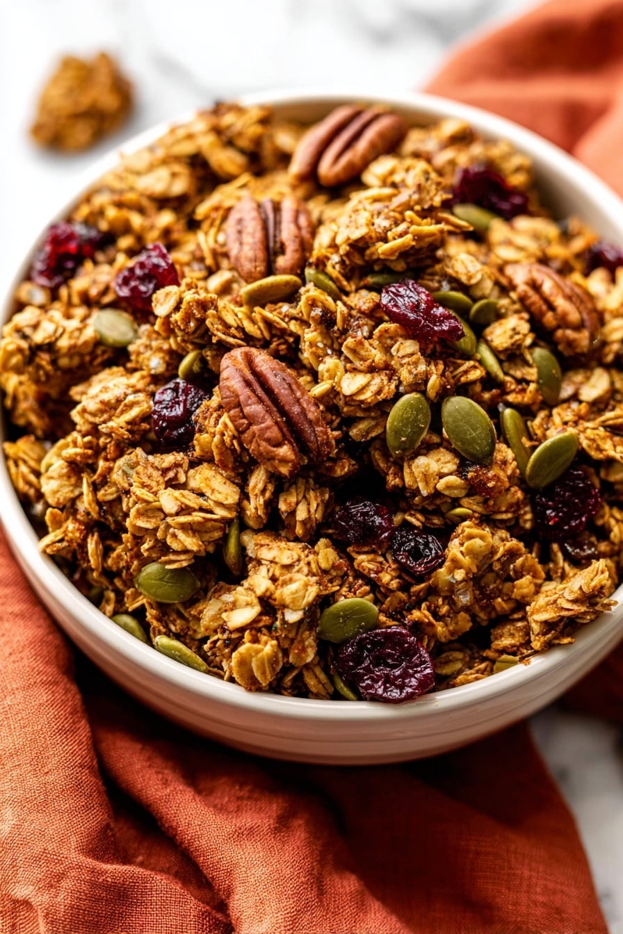 A close-up view of a white bowl filled with chunky granola clusters that have a golden-brown color and rough texture, mixed with whole pecans that are dark brown and ridged, green pumpkin seeds scattered throughout, and small pieces of deep red dried cranberries. The bowl is placed on top of a folded burnt orange cloth on a white marbled surface. photo taken with an iphone --ar 2:3 --v 7 - Pumpkin Spice Granola with Cranberries, fall granola recipe, pumpkin spice breakfast, healthy pumpkin granola, crunchy cranberry granola
