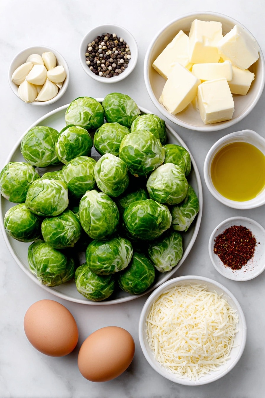 Flat lay of fresh halved Brussels sprouts with bright green leaves, a few whole uncracked brown eggs nearby, a small white ceramic bowl of golden olive oil, a small white ceramic bowl with creamy yellow butter cubes, a small white ceramic bowl holding several peeled garlic cloves, a small white ceramic bowl filled with amber honey, a small white ceramic bowl containing finely grated parmesan cheese, and a few scattered black peppercorns and a pinch of cayenne pepper powder artfully arranged on a simple white ceramic plate, all placed on a clean white marble surface, soft natural light, photo taken with an iPhone, professional food photography style, fresh ingredients, white ceramic bowls, no bottles, no duplicates, no utensils, no packaging --ar 2:3 --v 7 --p awthu7i m7354615311229779997 - Garlic Butter Brussels Sprouts, Brussels Sprouts with Garlic and Butter, Easy Roasted Brussels Sprouts, Healthy Brussels Sprouts Side Dish, flavorful Brussels Sprouts Recipe