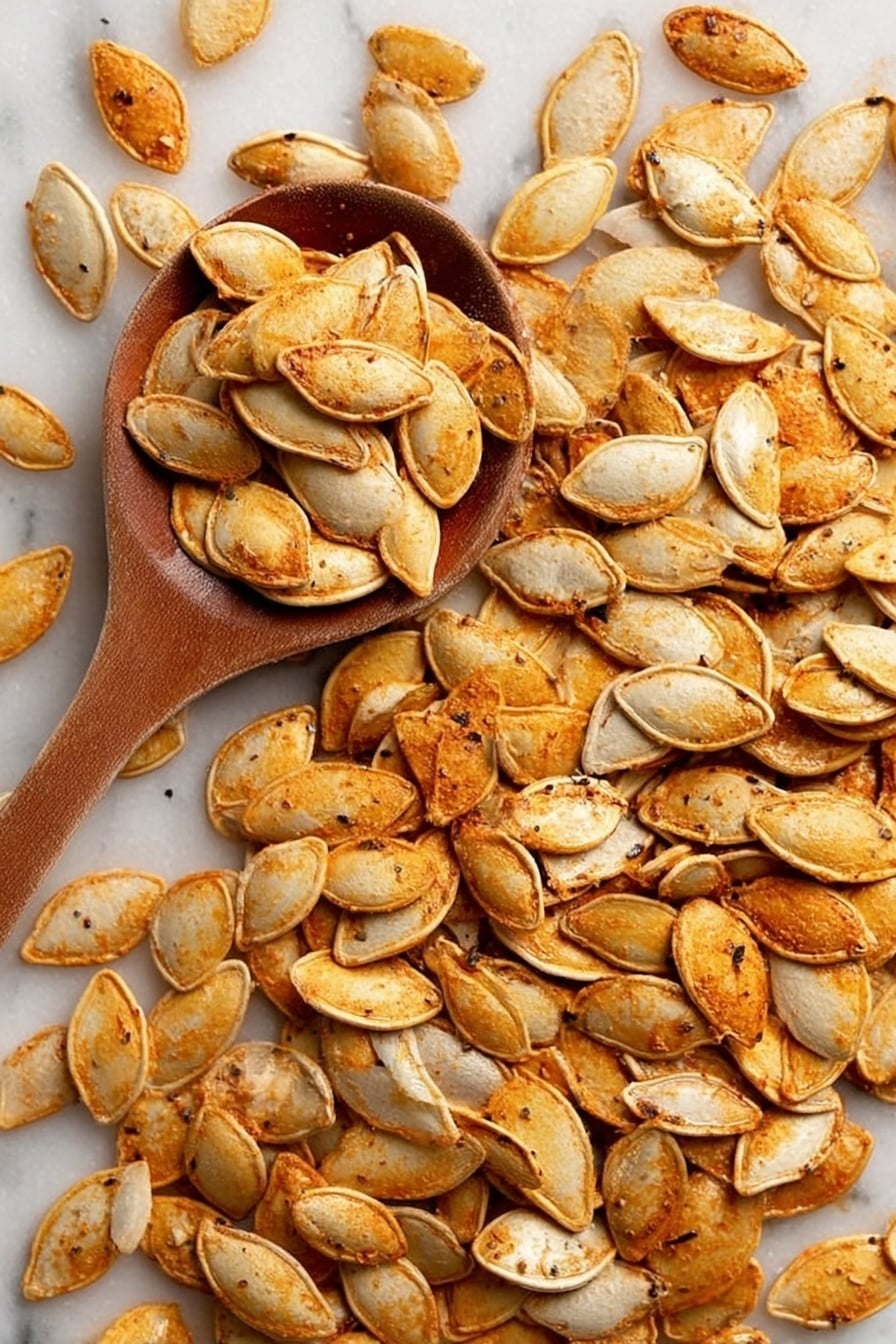The image shows a big group of roasted pumpkin seeds spread flat on a white marbled surface, with some seeds showing a light brown, crispy outer layer and others a paler, smoother inner side. In the middle left, a wooden spoon filled with more roasted seeds rests on top of the pile, its curved shape contrasting with the many flat seeds beneath. The seeds have a rough texture and are a mix of golden brown and light cream colors, with some dark specks hinting at seasoning photo taken with an iphone --ar 2:3 --v 7 - Crispy Roasted Pumpkin Seeds with Chili, spicy pumpkin seed snack, homemade roasted pumpkin seeds, chili-flavored pumpkin seeds, fall snack recipes