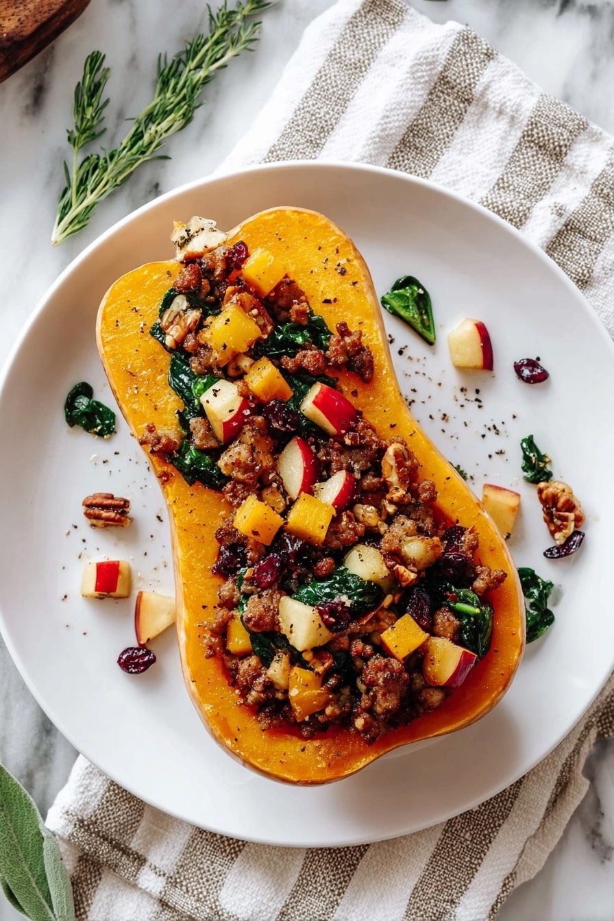 A white plate with a halved roasted butternut squash as the base layer, its skin light tan with a soft orange inside, placed in the center. On top is a mix of crumbled brown cooked sausage, small cubes of yellow and red apple, green wilted spinach leaves, and pieces of pecans scattered throughout. Small dark red dried cranberries are mixed in, adding pops of color. The dish is lightly seasoned with visible black pepper flakes. Around the plate, fresh green herb sprigs add a touch of freshness, and the background shows a white marbled surface with a striped cream and gray cloth underneath the plate. photo taken with an iphone --ar 2:3 --v 7 - Apple Sausage Stuffed Butternut Squash, stuffed butternut squash recipe, fall comfort food recipes, healthy stuffed squash, easy baked stuffed squash