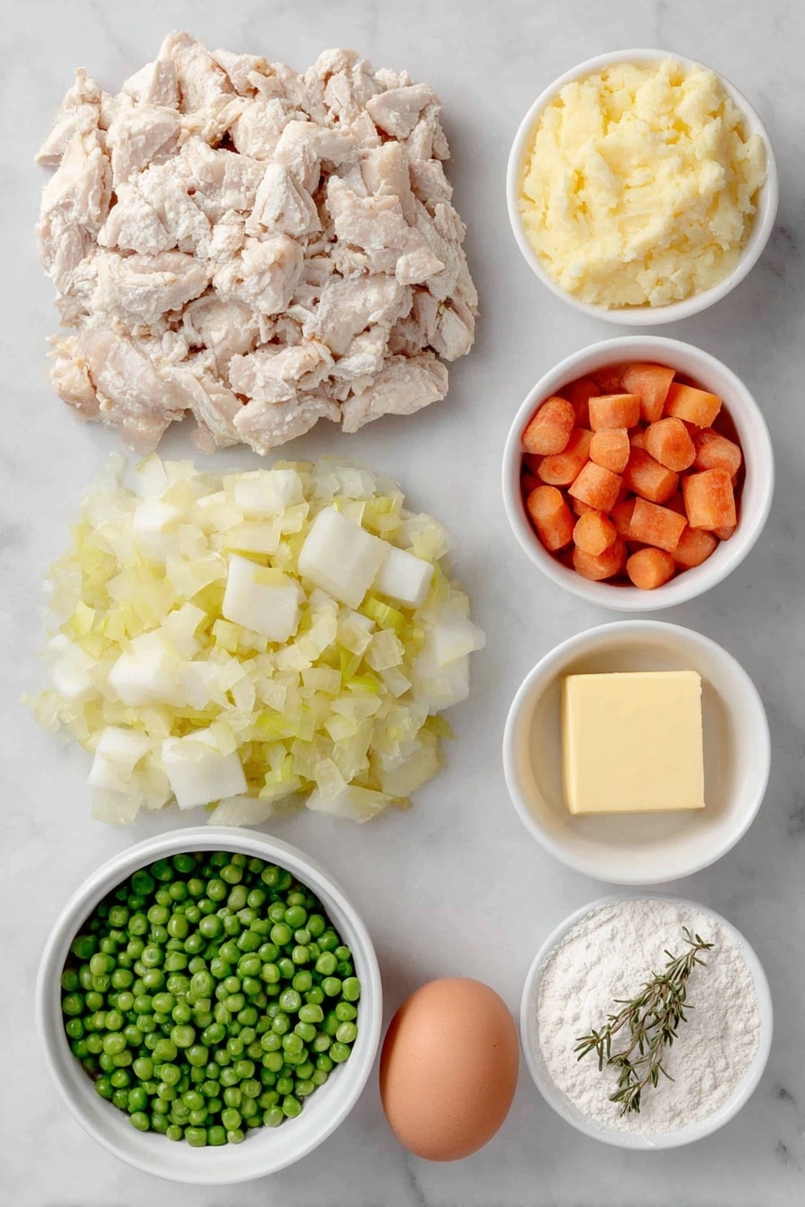 Flat lay of a small mound of diced cooked chicken with natural browned edges, a neat pile of chopped yellow onion with bright, translucent layers, a heap of chopped celery stalks in fresh light green, a cluster of chopped orange carrot cubes, a small pile of diced white-fleshed potato with clean edges, a small white bowl filled with fresh green peas, a small white bowl of golden unsalted butter chunks, a small white bowl holding fine white all-purpose flour, a small white bowl containing pale beige flour dusted with dried thyme and rosemary herbs, a smooth whole brown egg with a clean shell, and a small white bowl of clear chicken stock — all arranged with perfect symmetry and realistic proportions on a simple white ceramic surface, placed on a clean white marble surface, soft natural light, photo taken with an iPhone, professional food photography style, fresh ingredients, white ceramic bowls, no bottles, no duplicates, no utensils, no packaging --ar 2:3 --v 7 --p awthu7i m7354615311229779997 - Handheld Chicken Pot Pies, portable chicken pot pie, easy chicken pie recipe, flaky chicken pot pies, savory handheld pies