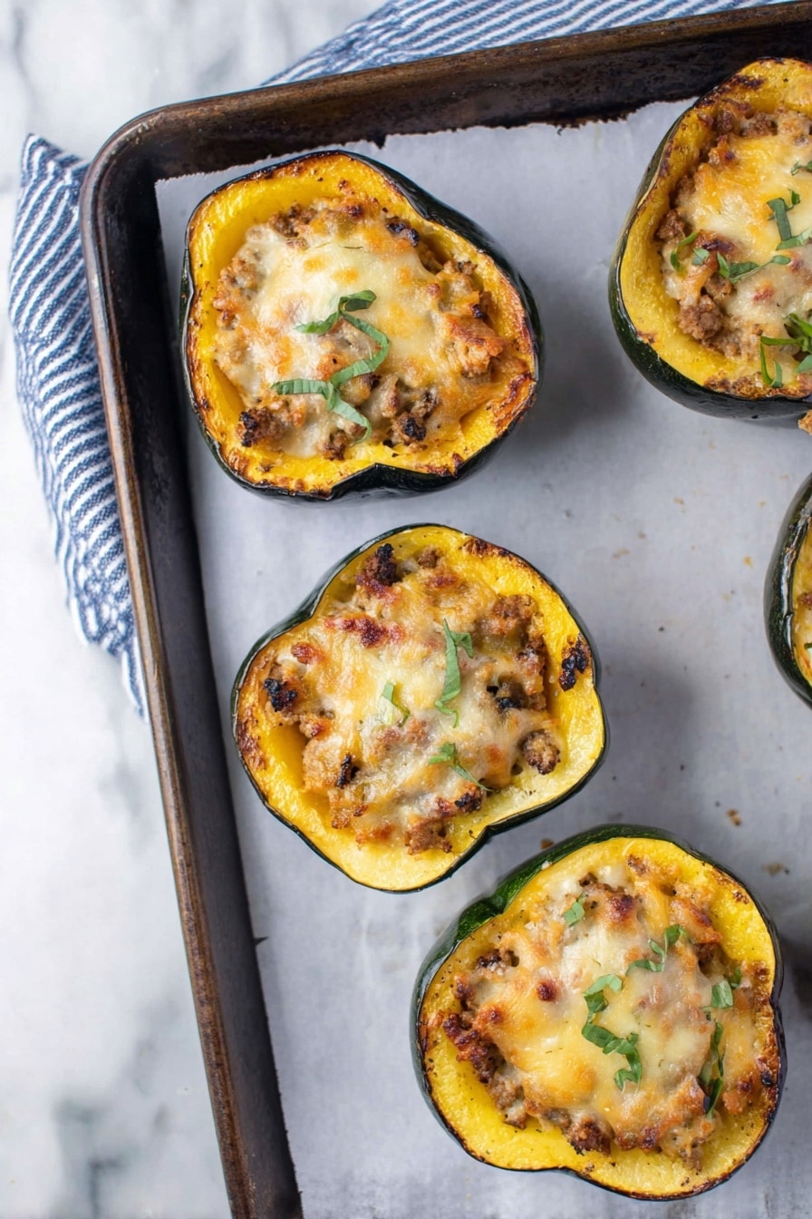 The image shows four pieces of stuffed acorn squash, each cut in half and arranged on a baking tray lined with white parchment. Each squash half is filled with a mixture that has a browned ground meat base layered with melted, slightly browned cheese on top. Small green herb leaves are scattered over the cheese for garnish. The squash's outer skin is dark green, and the inner flesh is bright yellow-orange and soft. The tray sits on a cloth with blue and white stripes, all placed on a white marbled surface. photo taken with an iphone --ar 2:3 --v 7 - Stuffed Acorn Squash with Turkey and Apples, savory stuffed acorn squash, fall roasted squash recipes, healthy stuffed squash dinner, cozy autumn squash dish