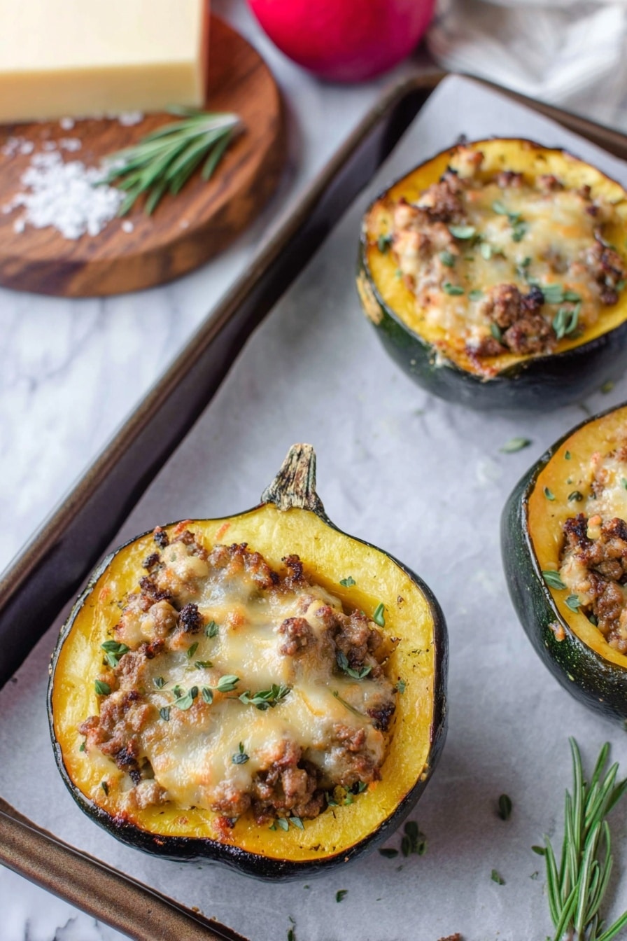 The image shows three halves of acorn squash stuffed with a mixture of cooked ground meat and onions, topped with melted, slightly browned cheese and small green herb leaves scattered on top. Each squash half has a smooth, dark green outer skin and a bright yellow-orange flesh that forms the base layer holding the filling. The squash halves are placed on a baking sheet lined with white parchment paper, set on a white marbled surface. In the background, there is a wooden board with a block of cheese, some coarse salt, a sprig of rosemary, and a red apple partly visible near the edge of the frame. photo taken with an iphone --ar 2:3 --v 7 - Stuffed Acorn Squash with Turkey and Apples, savory stuffed acorn squash, fall roasted squash recipes, healthy stuffed squash dinner, cozy autumn squash dish